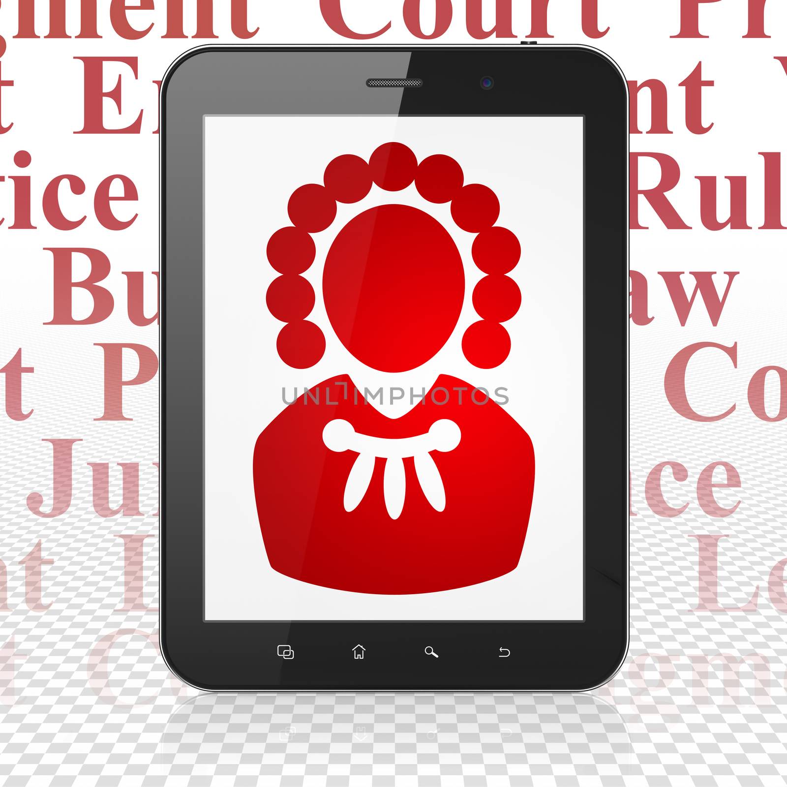 Law concept: Tablet Computer with  red Judge icon on display,  Tag Cloud background, 3D rendering