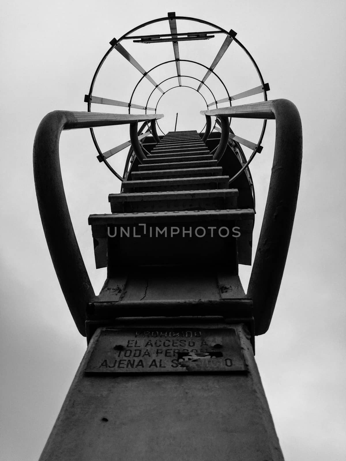 Black and white angled view of a ladder on the beach