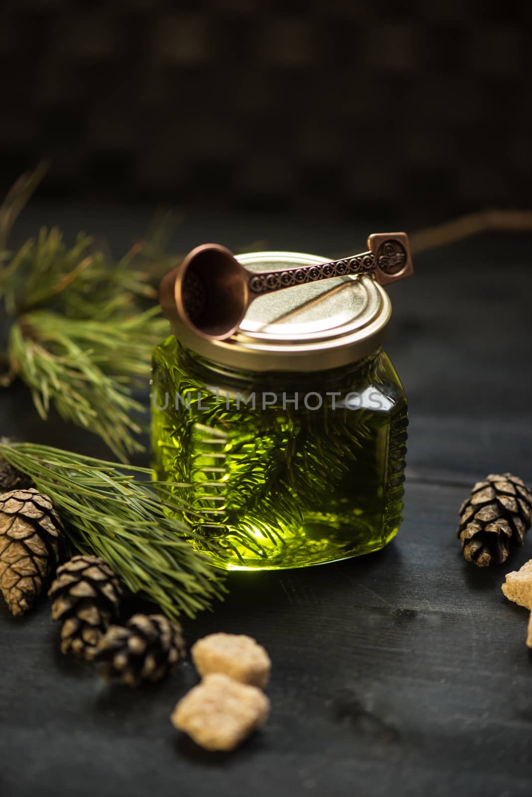 Fir tree bump jam on wooden background