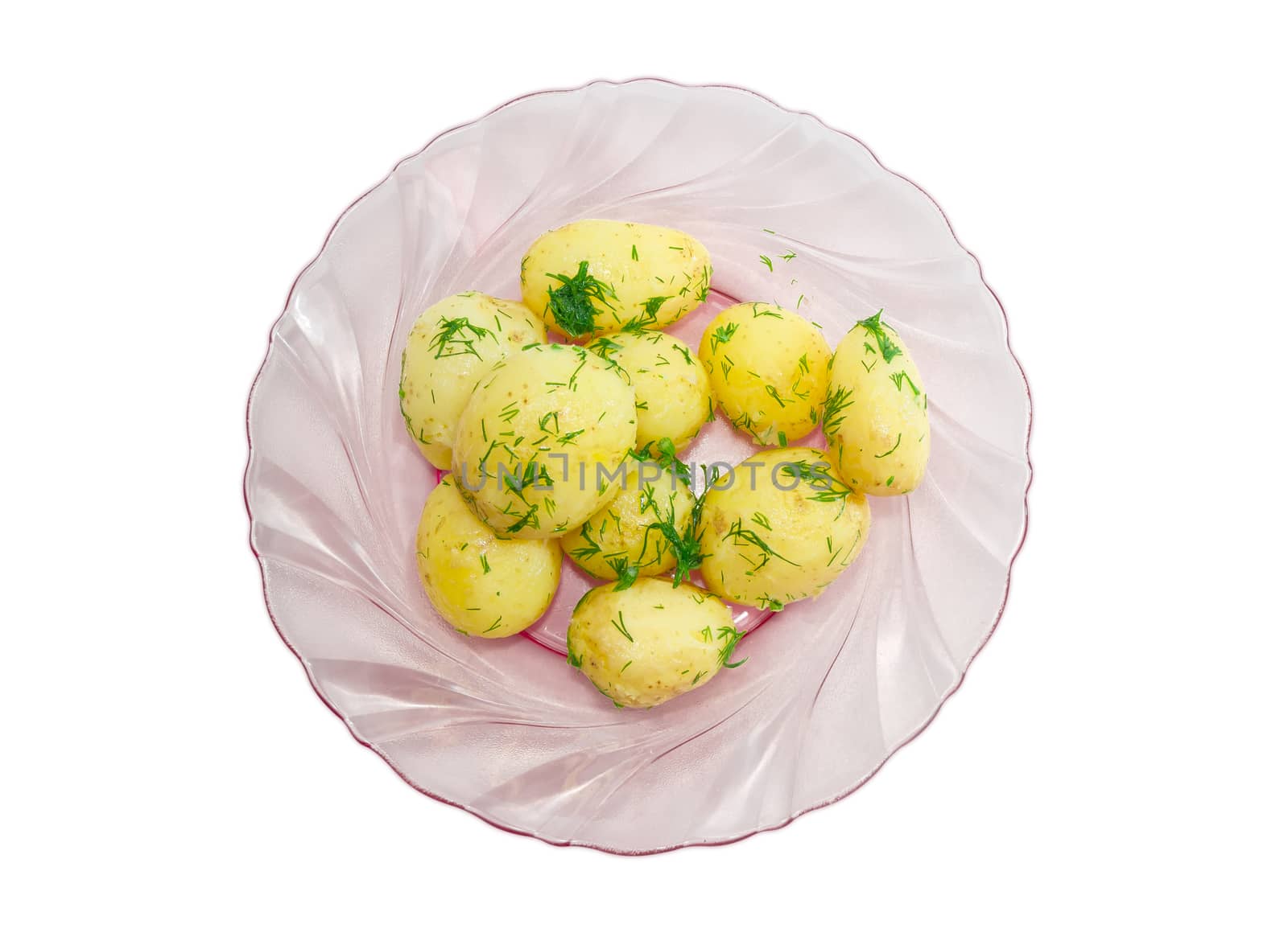 Boiled young potatoes with butter and dill on purple dish by anmbph