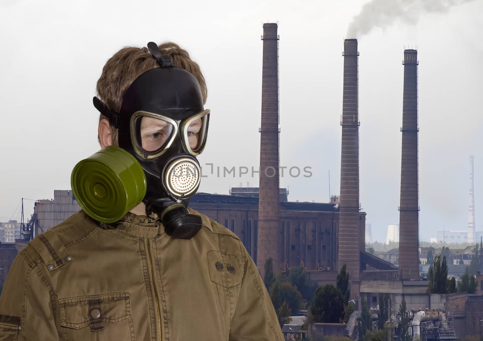 Man in gas mask against the backdrop of industrial landscape by anmbph