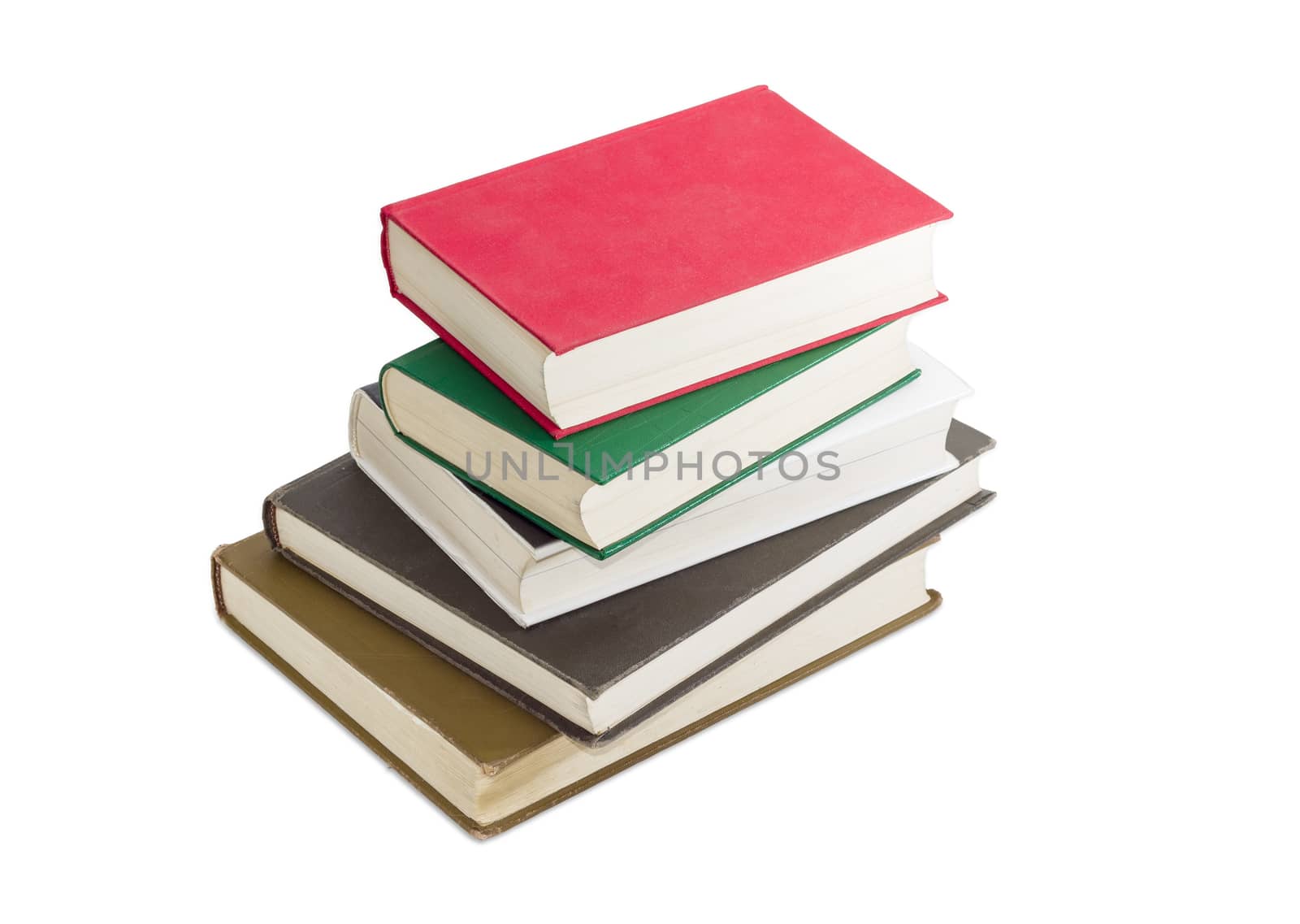 Stack of several books different formats and cover design on a light background
