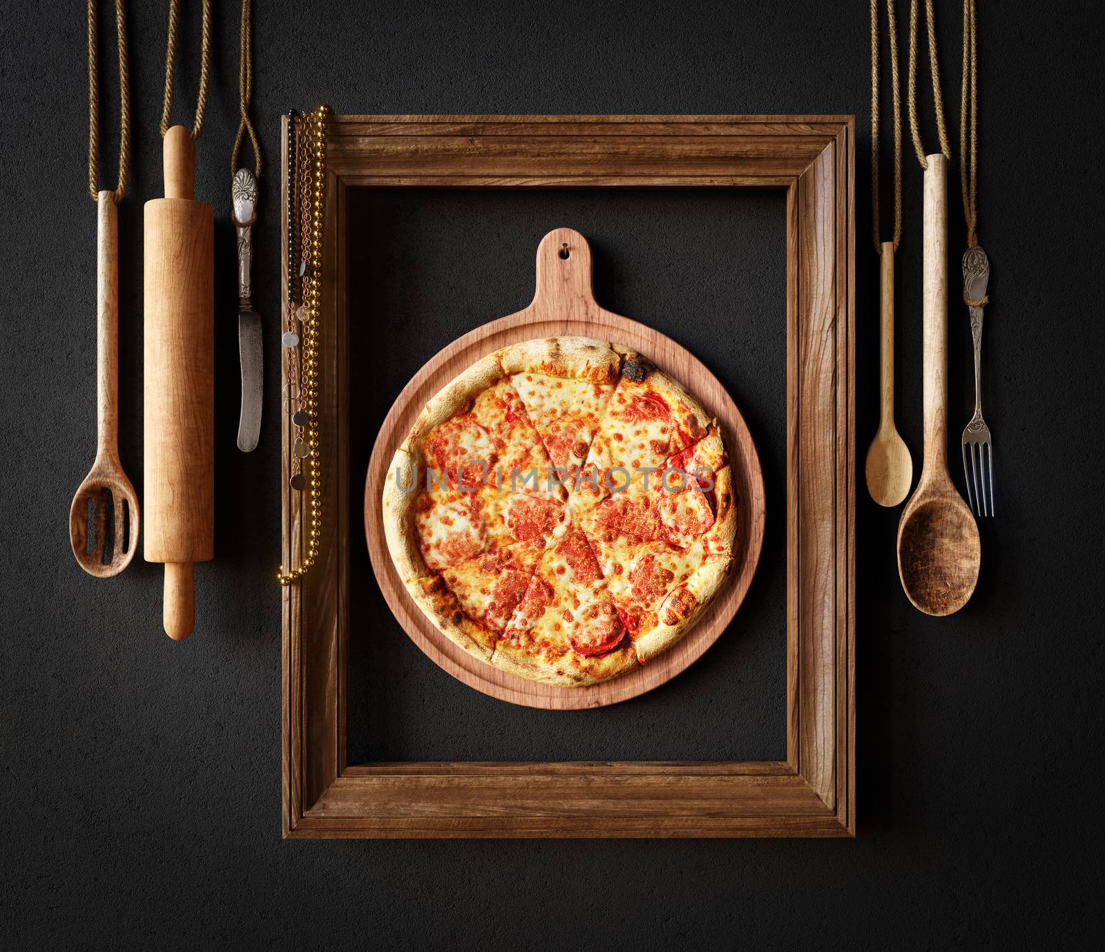 Hot pizza slice with melting cheese with frame concept close up photo by denisgo