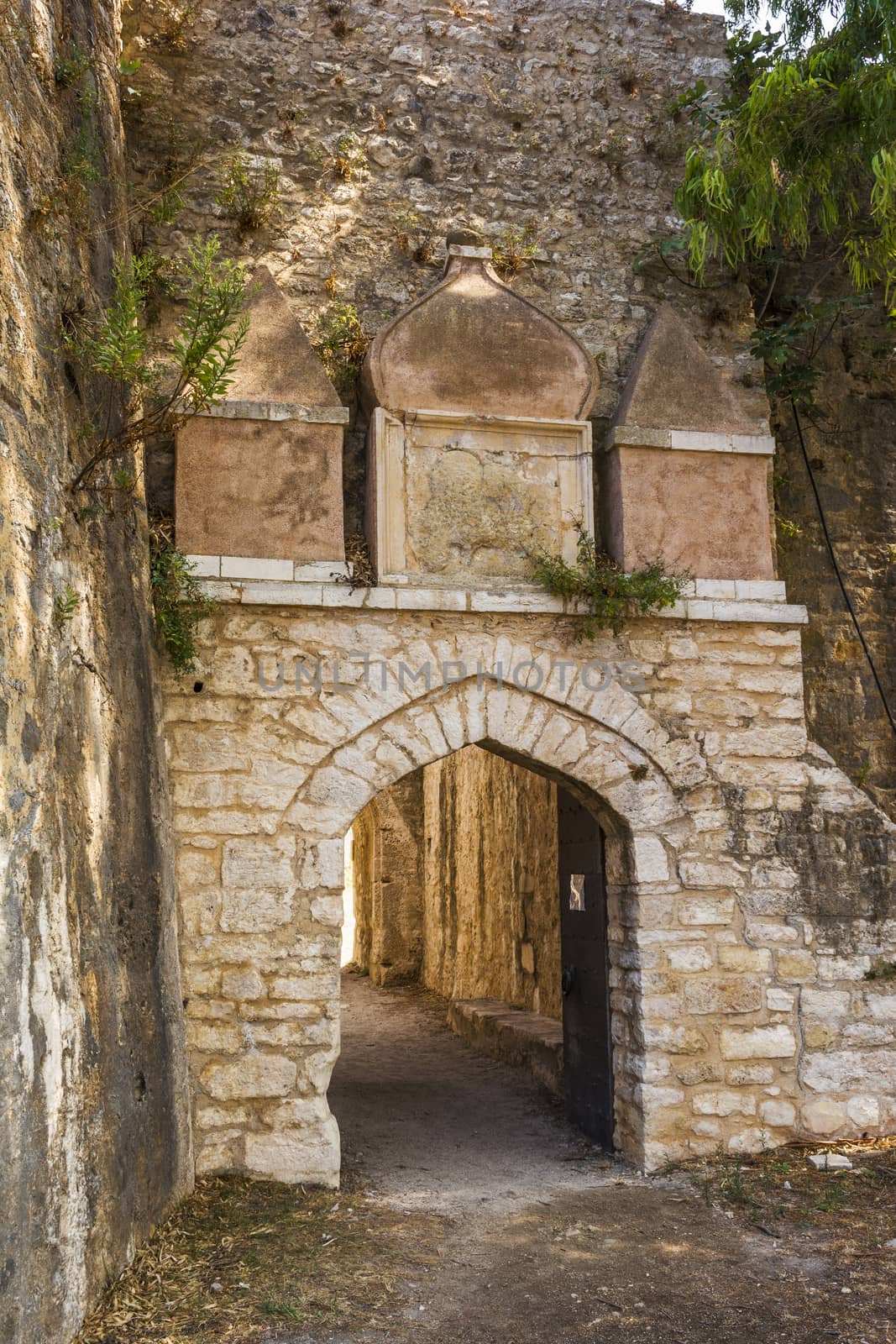 Entrance of the Venetian Castle of Agia Mavra at the Greek island of Lefkada. The original building of the castle of Agia Mavra was constructed in 1300.