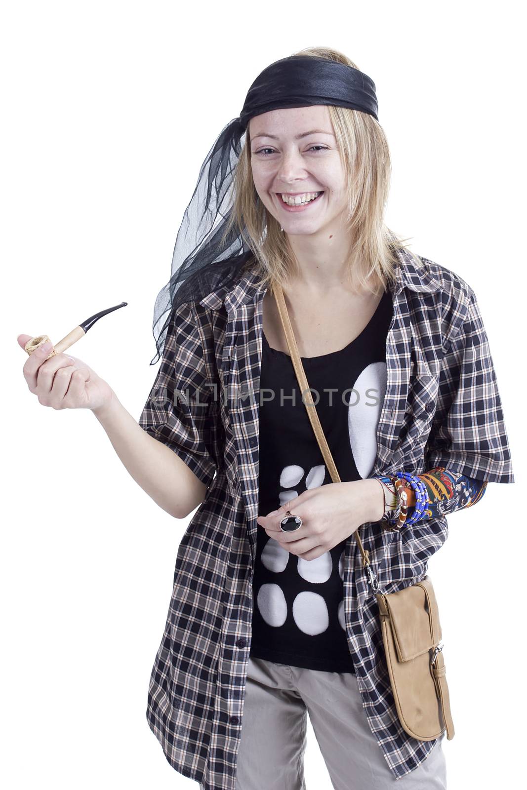 Young woman in the image of a pirate on a white background