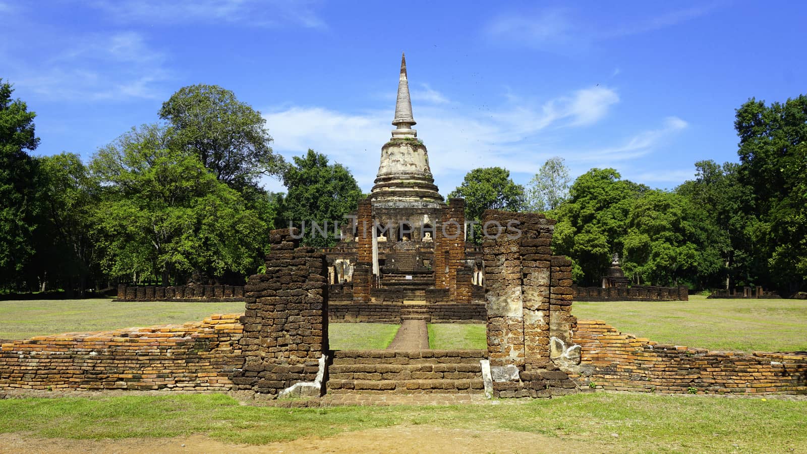 Historical Park Wat chang lom temple center main approach in Sukhothai world heritage