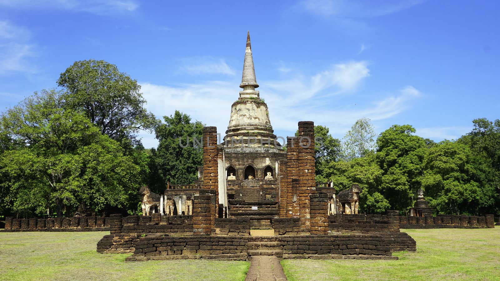 Historical Park Wat chang lom temple center main approach in Sukhothai world heritage