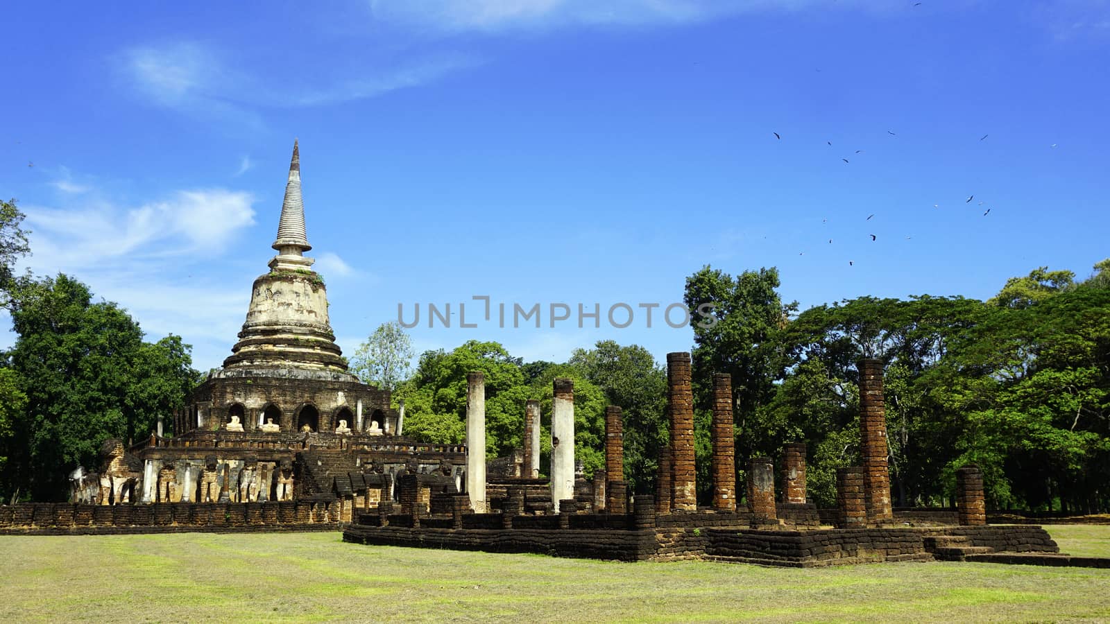 Historical Park Wat chang lom temple landscape with trees sukhothai world heritage
