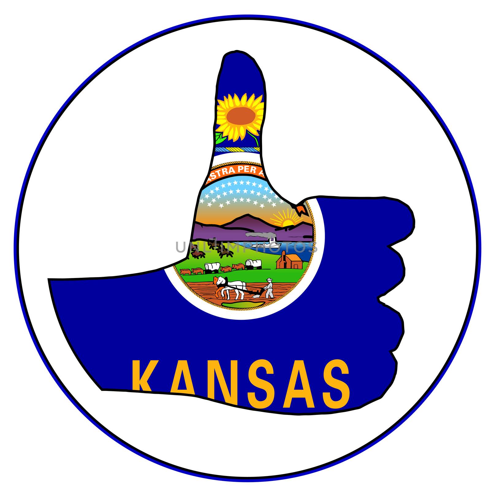 Kansas Flag hand giving the thumbs up sign all over a white background