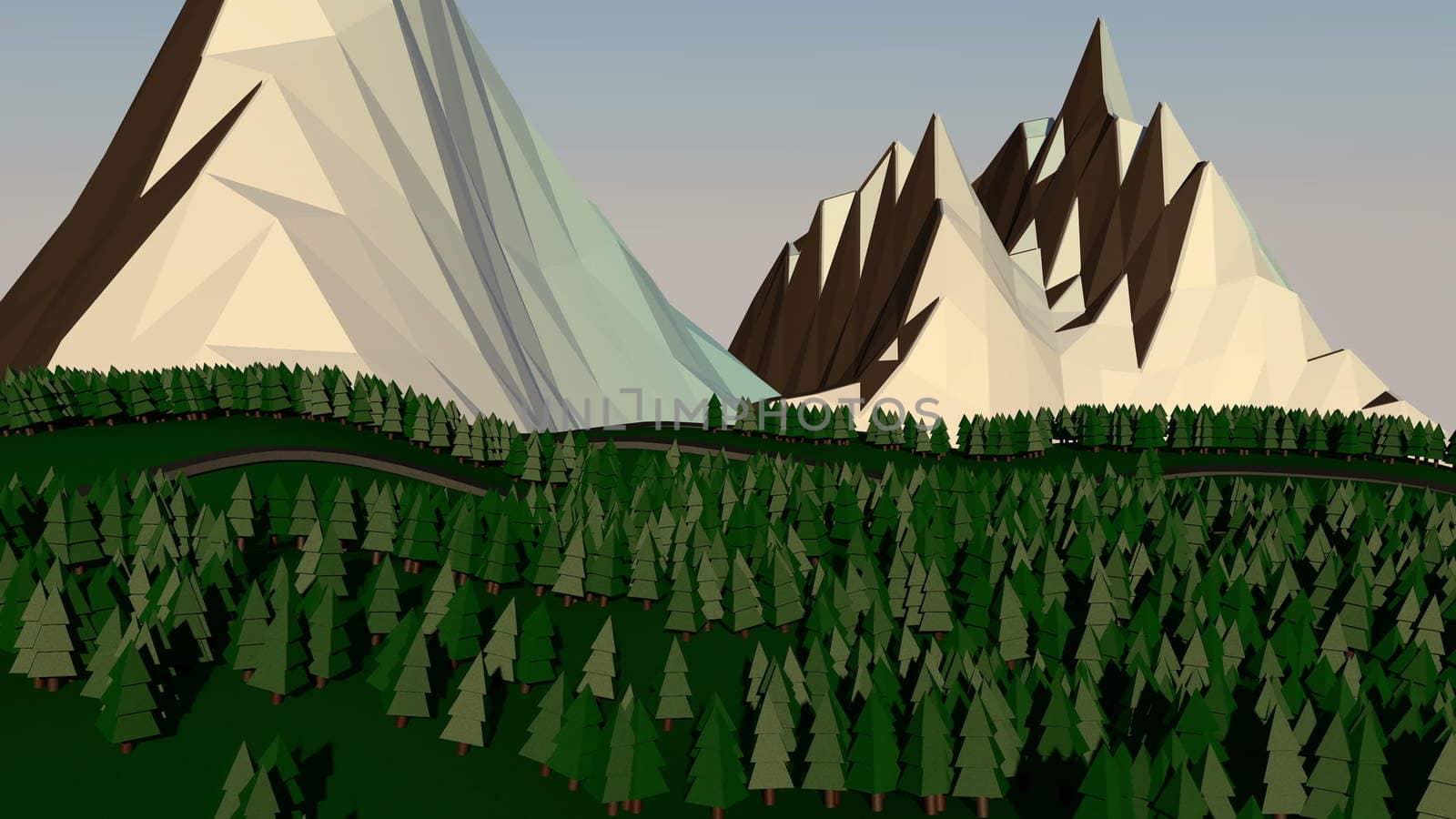 Low poly landscape. The trees, the mountains and the road. 3d render