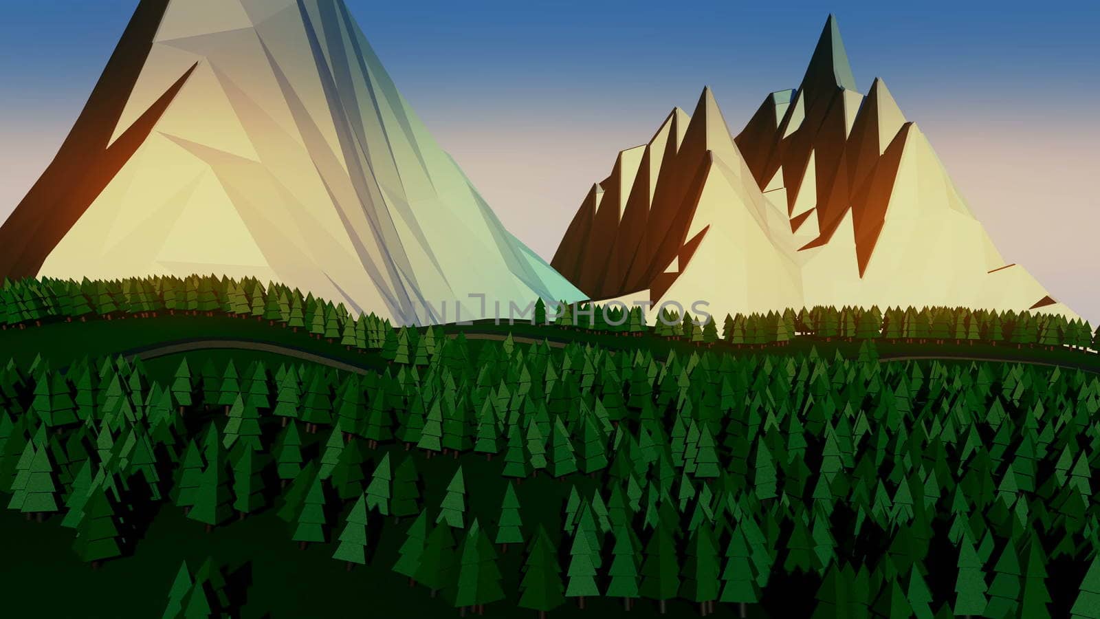 Low poly landscape. The trees, the mountains and the road. 3d render