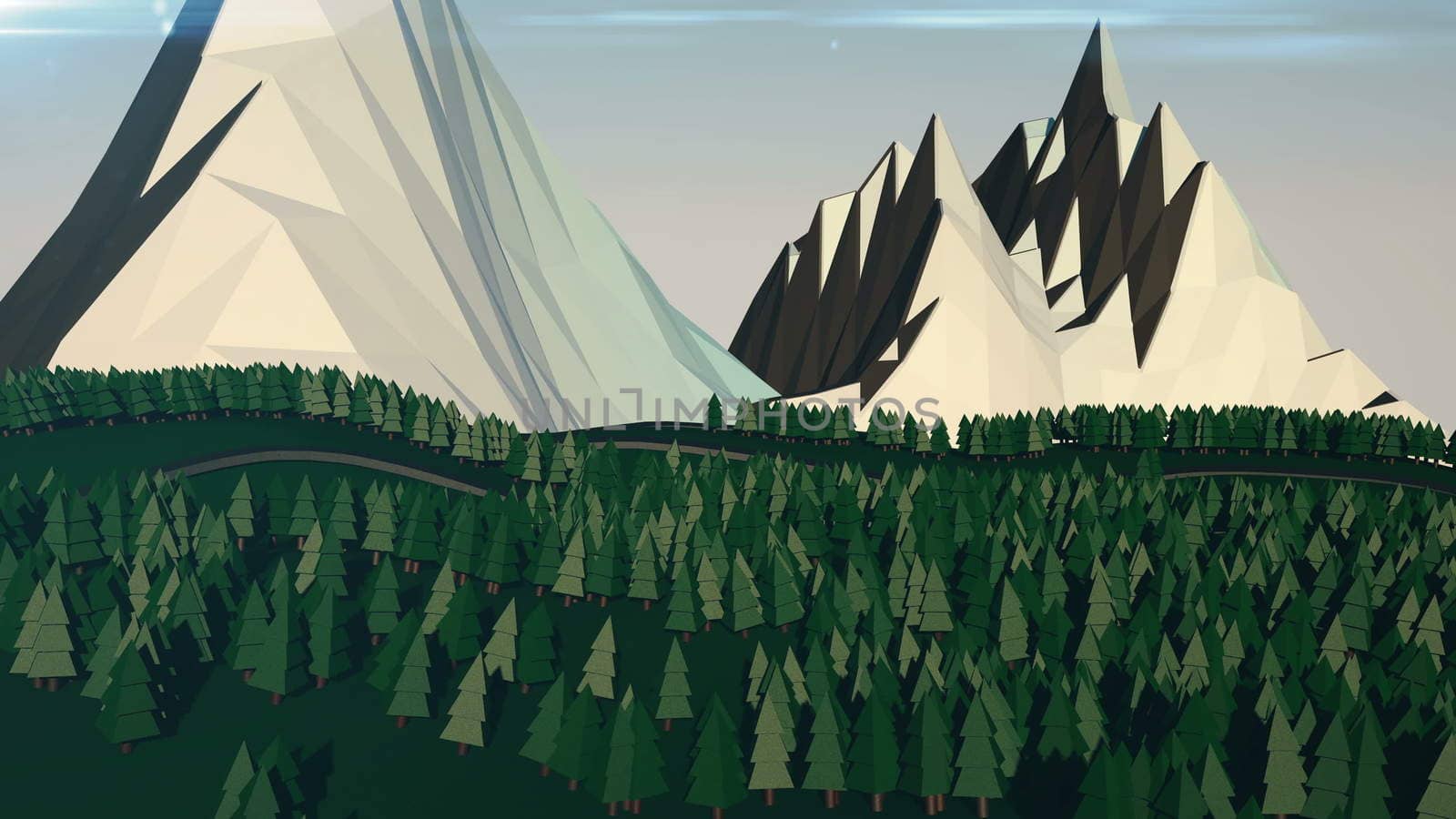 Low poly landscape. The trees, the mountains and the road. 3d render