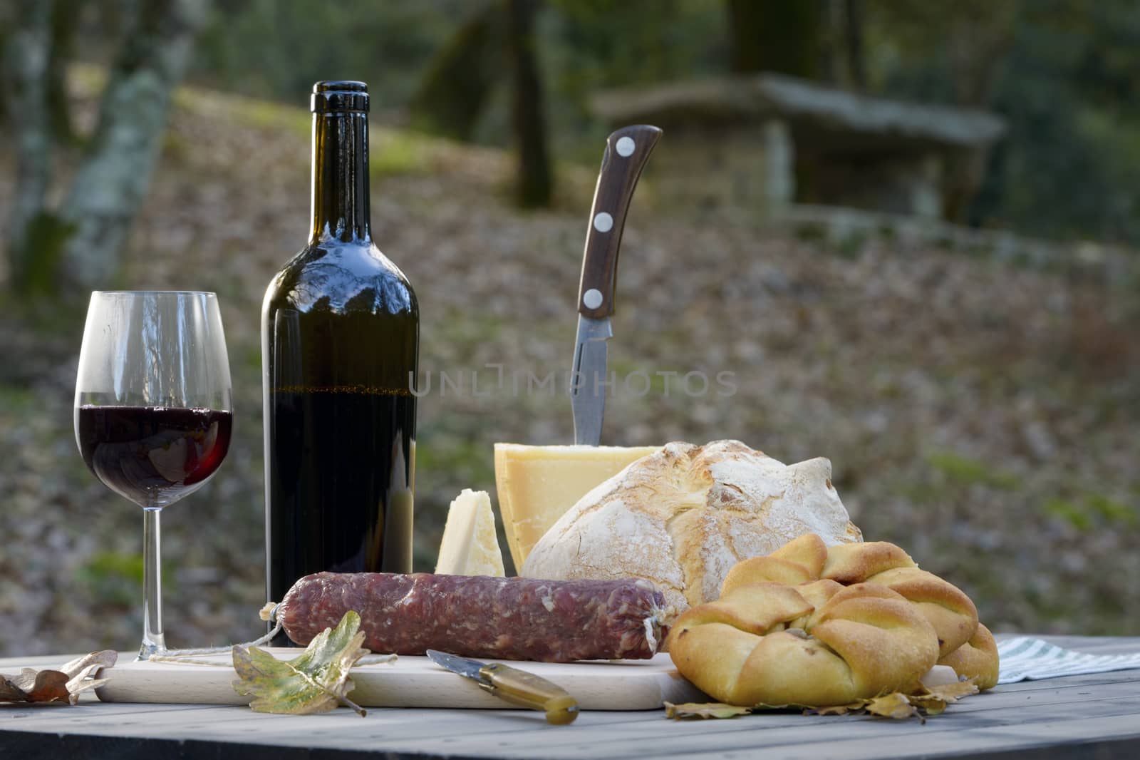 Traditional dinner of Sardinia made of cheese, sausage, bread and wine.