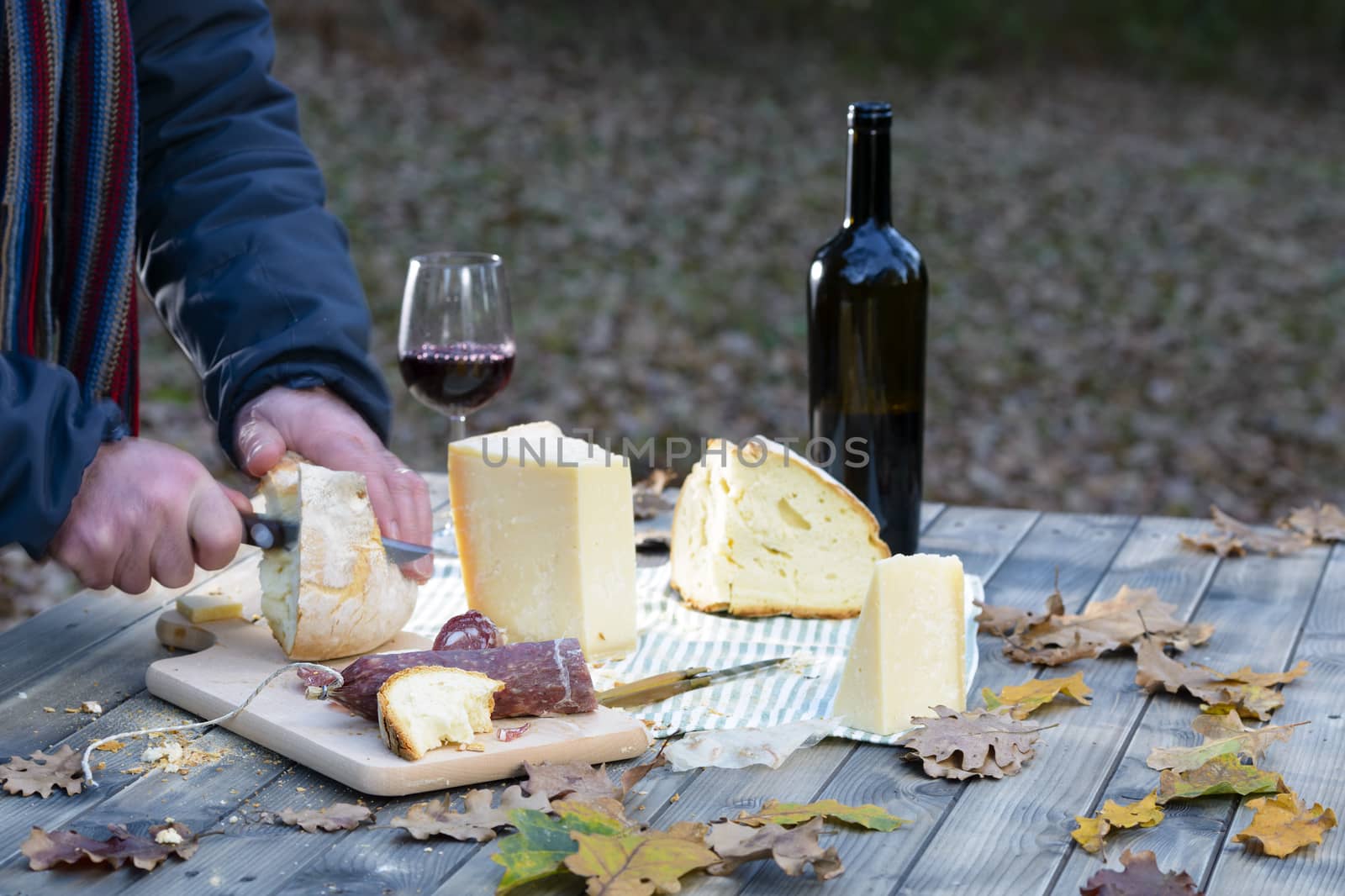 Traditional dinner of Sardinia made of cheese, sausage, bread and wine.