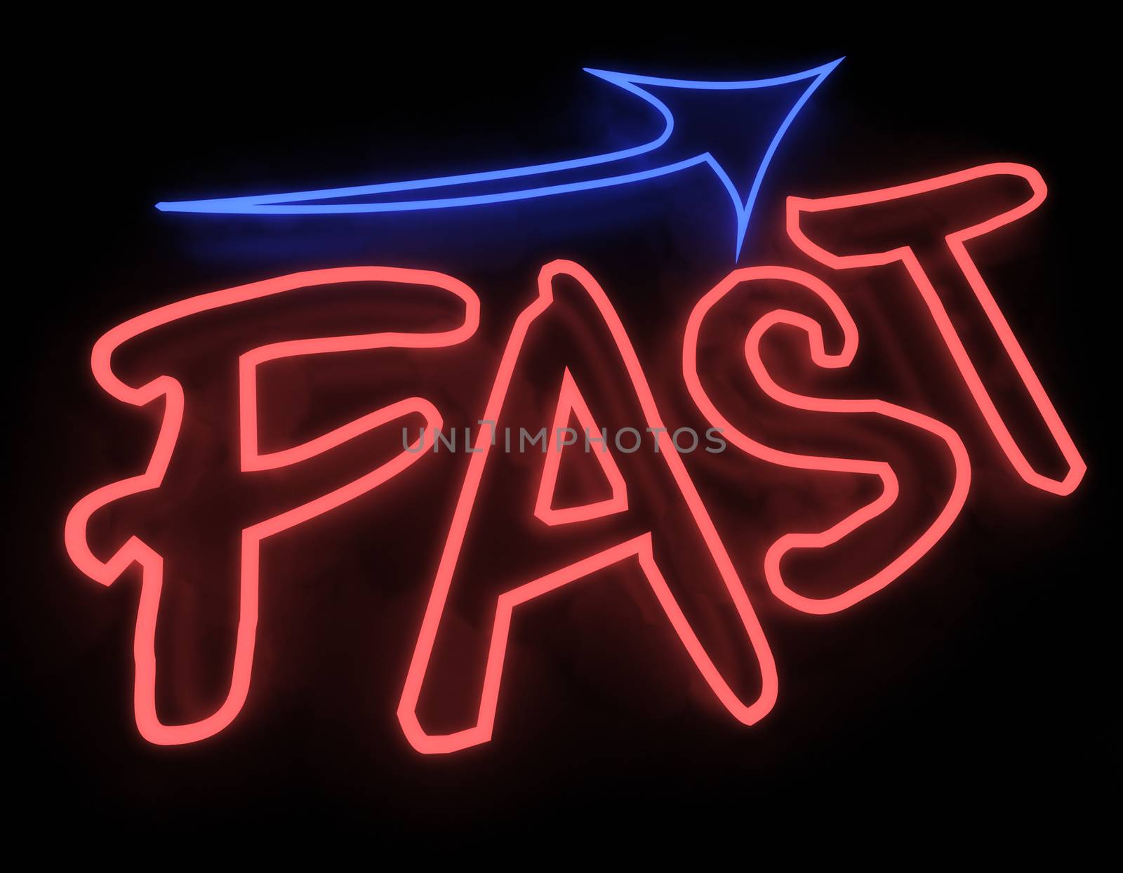 3d render illustration fast neon sign isolated on black background