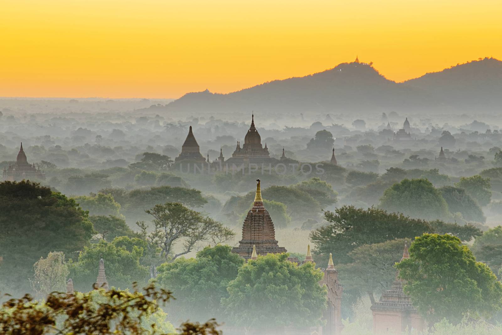 Scenic view of ancient Bagan temple during golden hour 