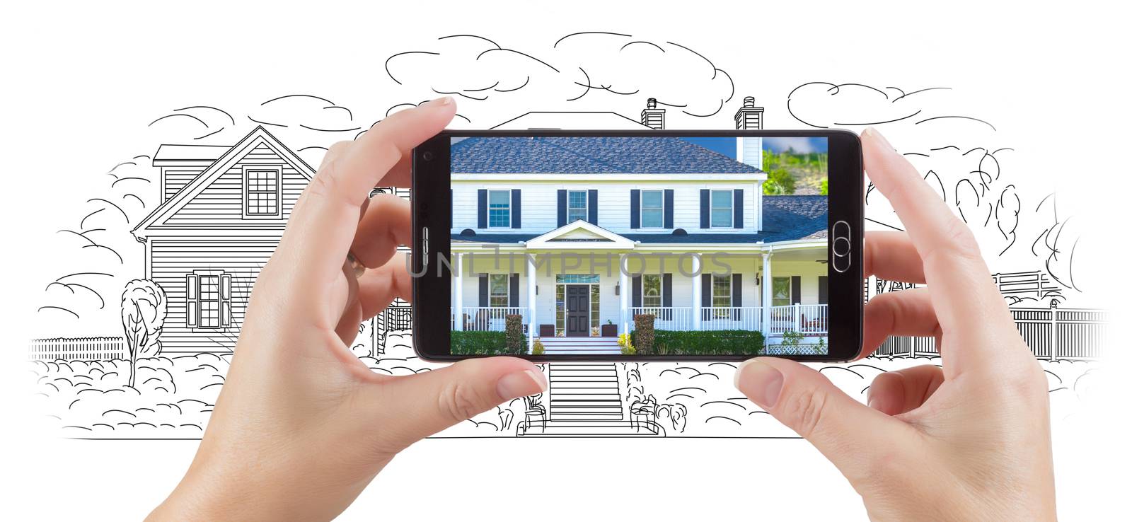 Hands Holding Smart Phone Displaying Custom Home Photo of Drawing Behind.