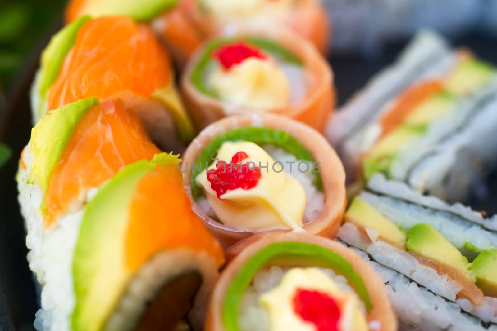 Set of sushi with salmon and avocado, sushi menu macro photo