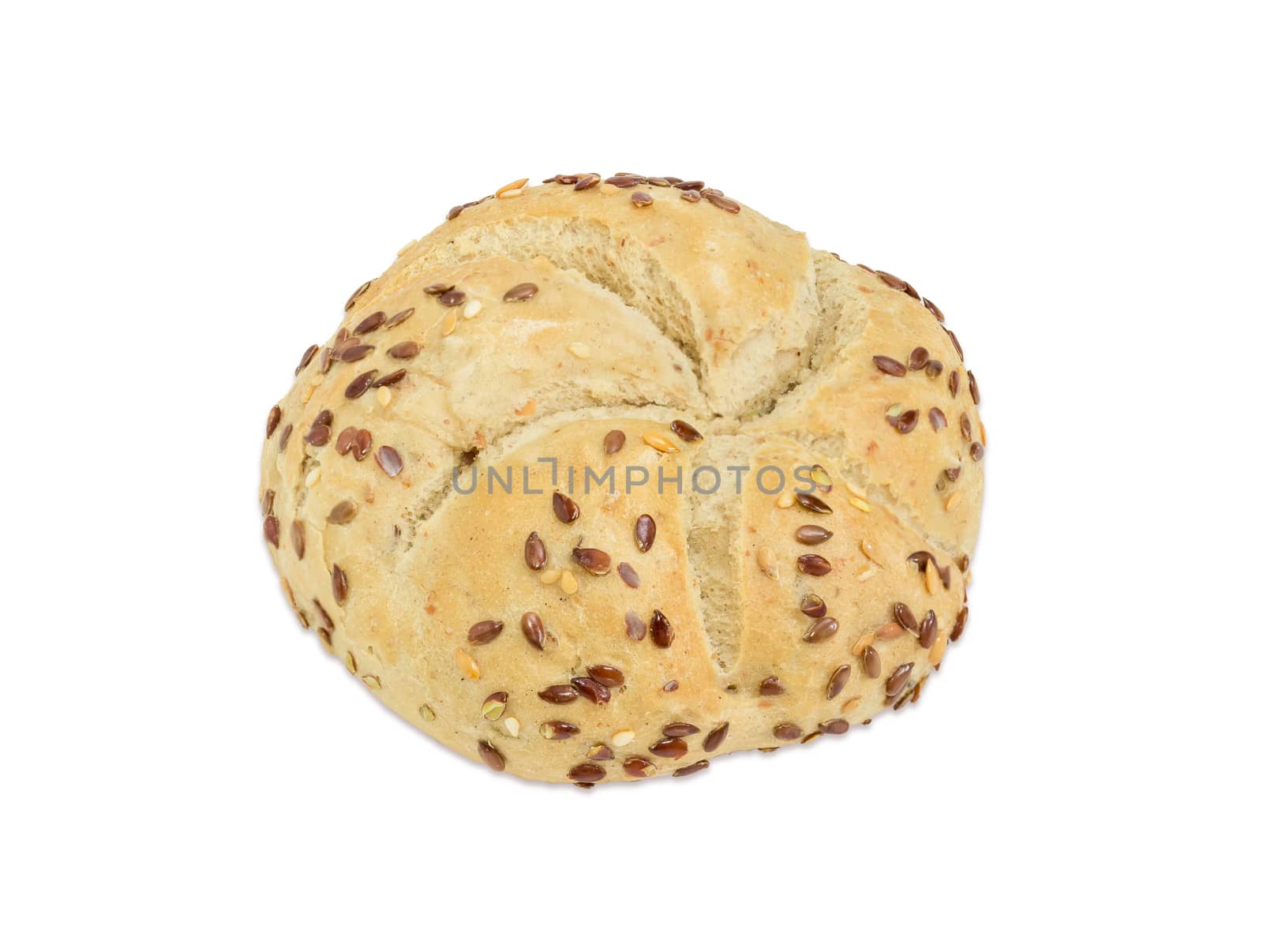 Round wheat sourdough bun, sprinkled with flax and sesame seeds on a light background
