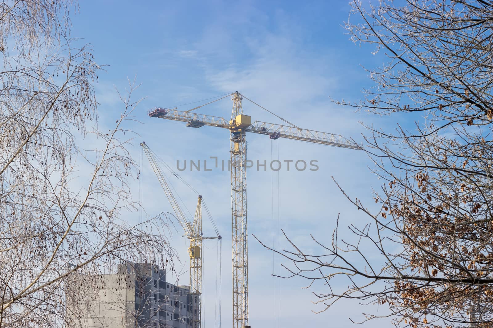 Tower cranes on background of construction, sky, trees covered f by anmbph