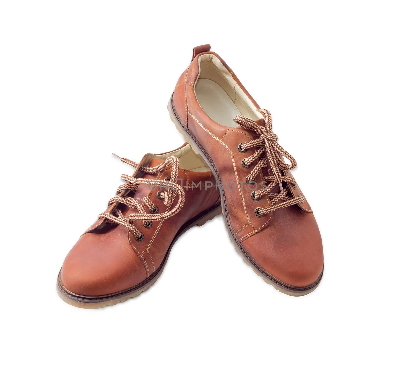 Pair of new leather brown mens shoes  with a shoelaces on a light background
