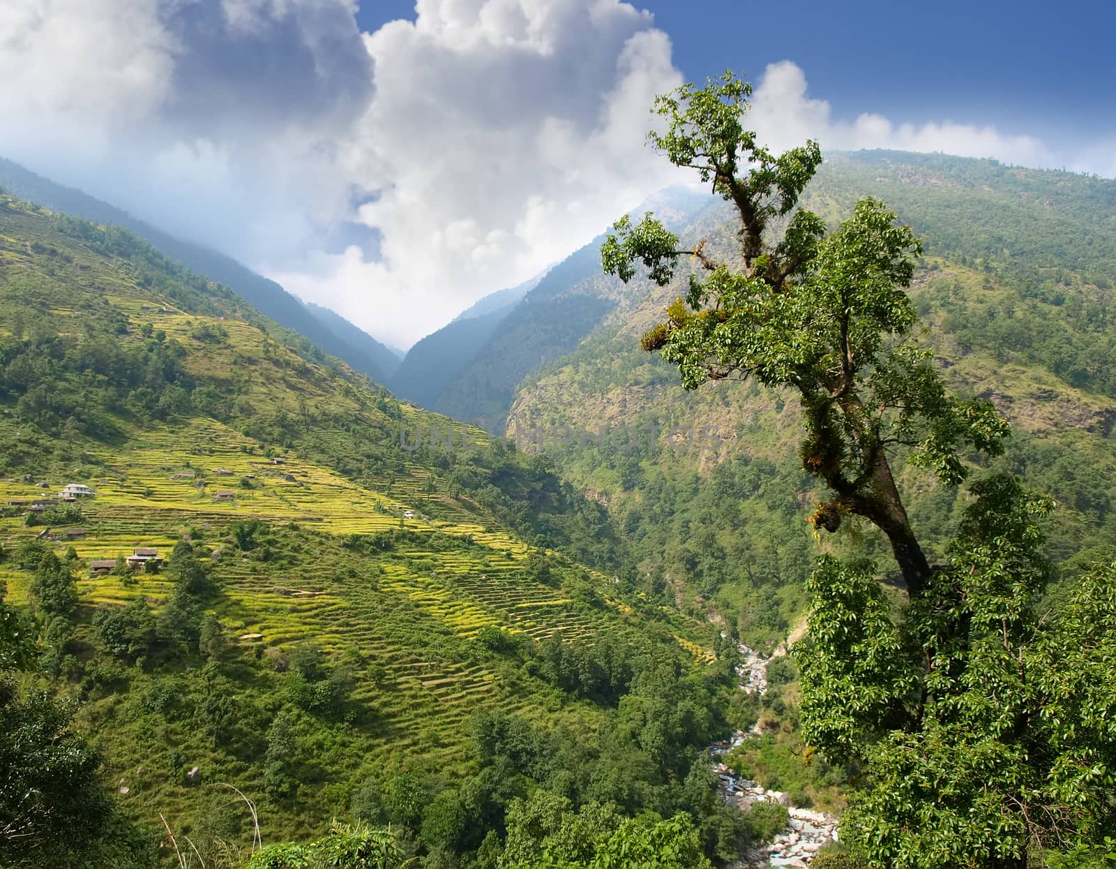 Top view of the mountain valley with the river, mountain village and terraced fields on the slope in the Himalayas
