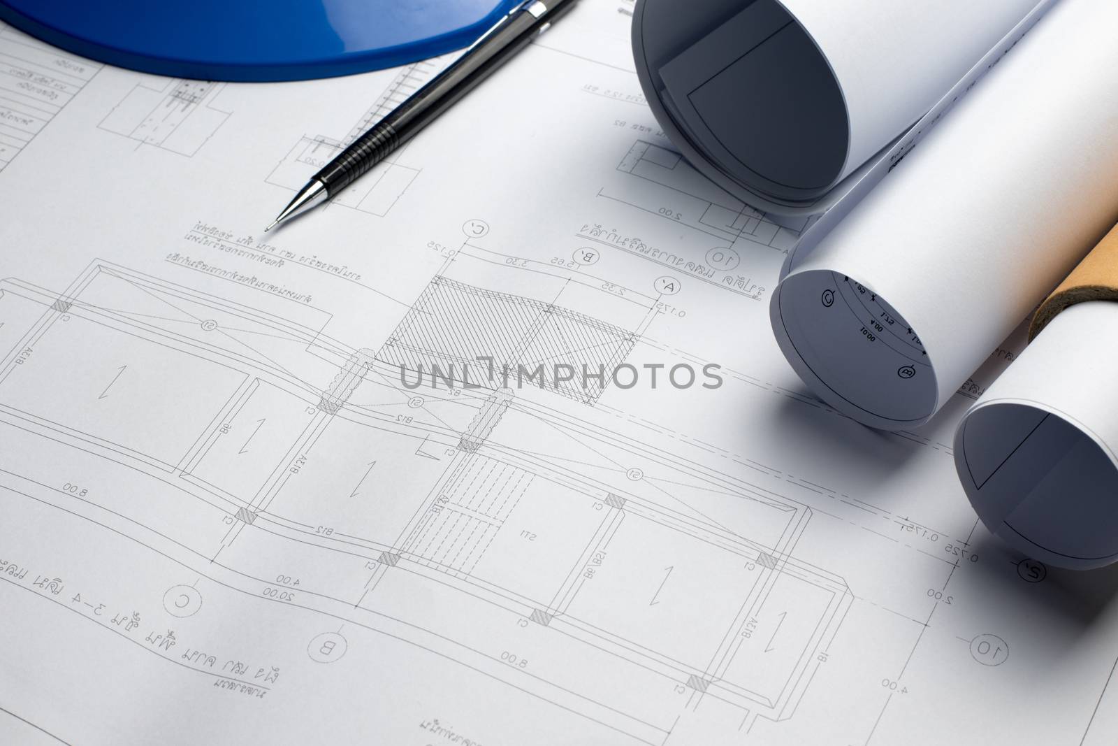 architectural plans project drawing with blueprints rolls by dfrsce