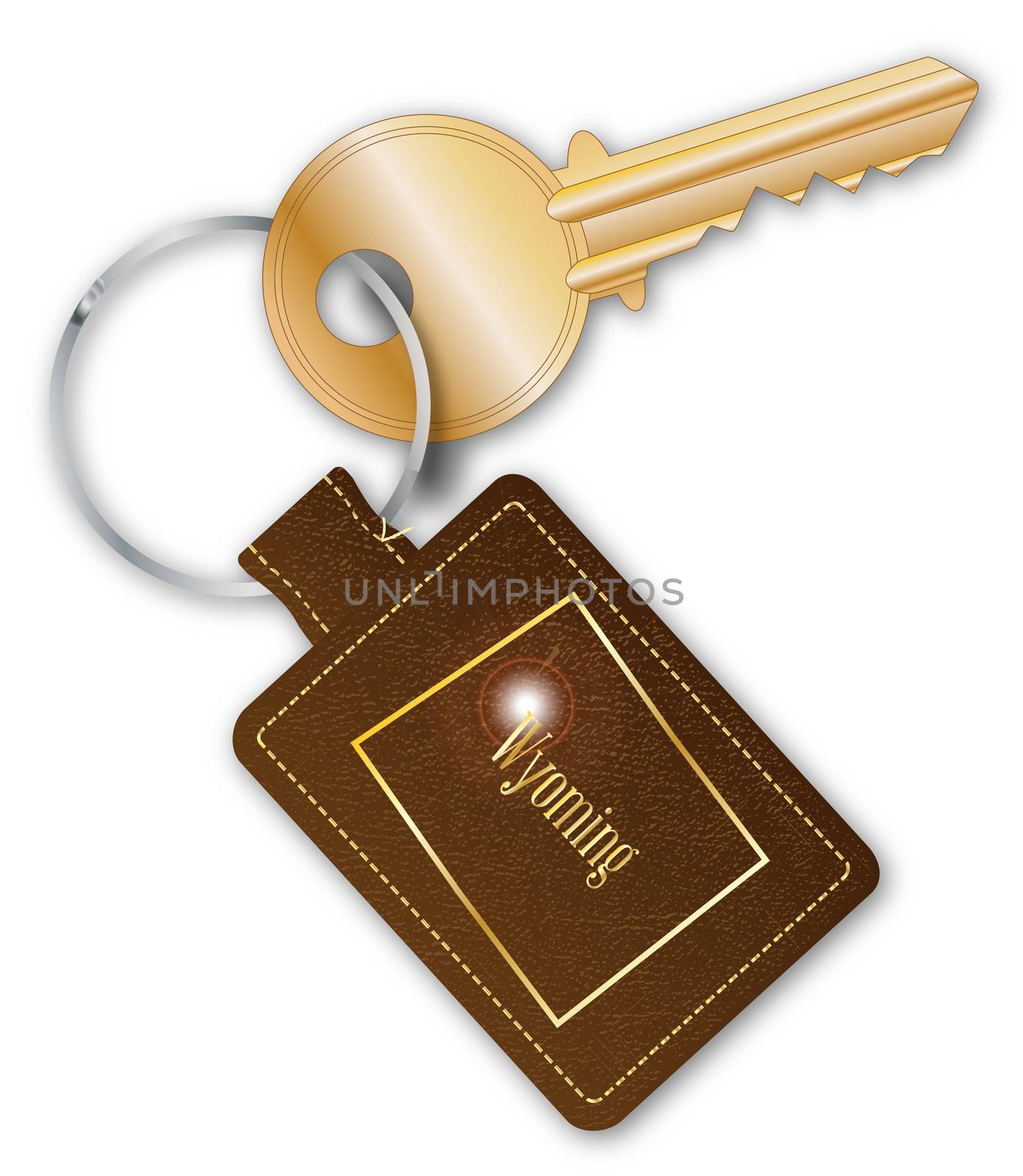A brown leather key fob and ring with a brass latch key with the text Wyoming