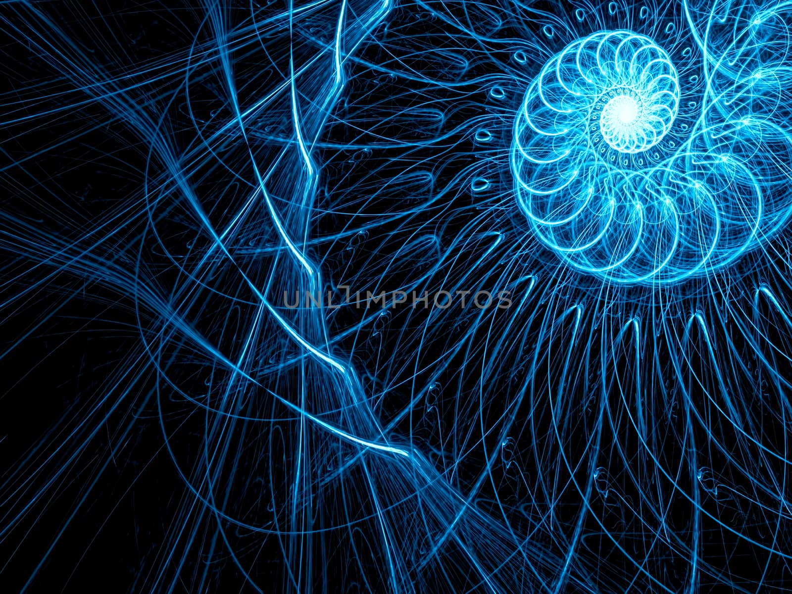 Dark background with randomly placed lines and spiral in the upper right corner. Abstract computer-generated image for covers, web design, banners.