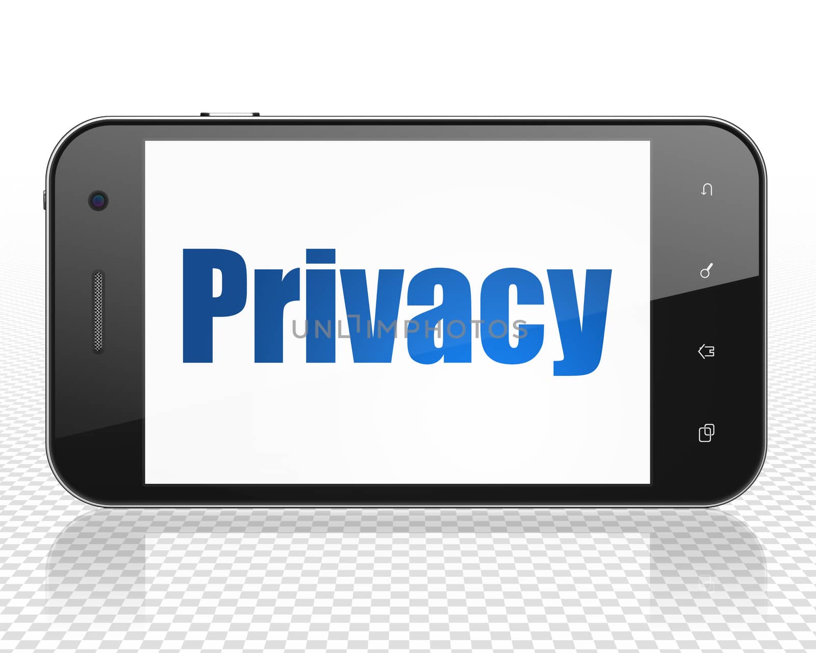 Protection concept: Smartphone with blue text Privacy on display, 3D rendering