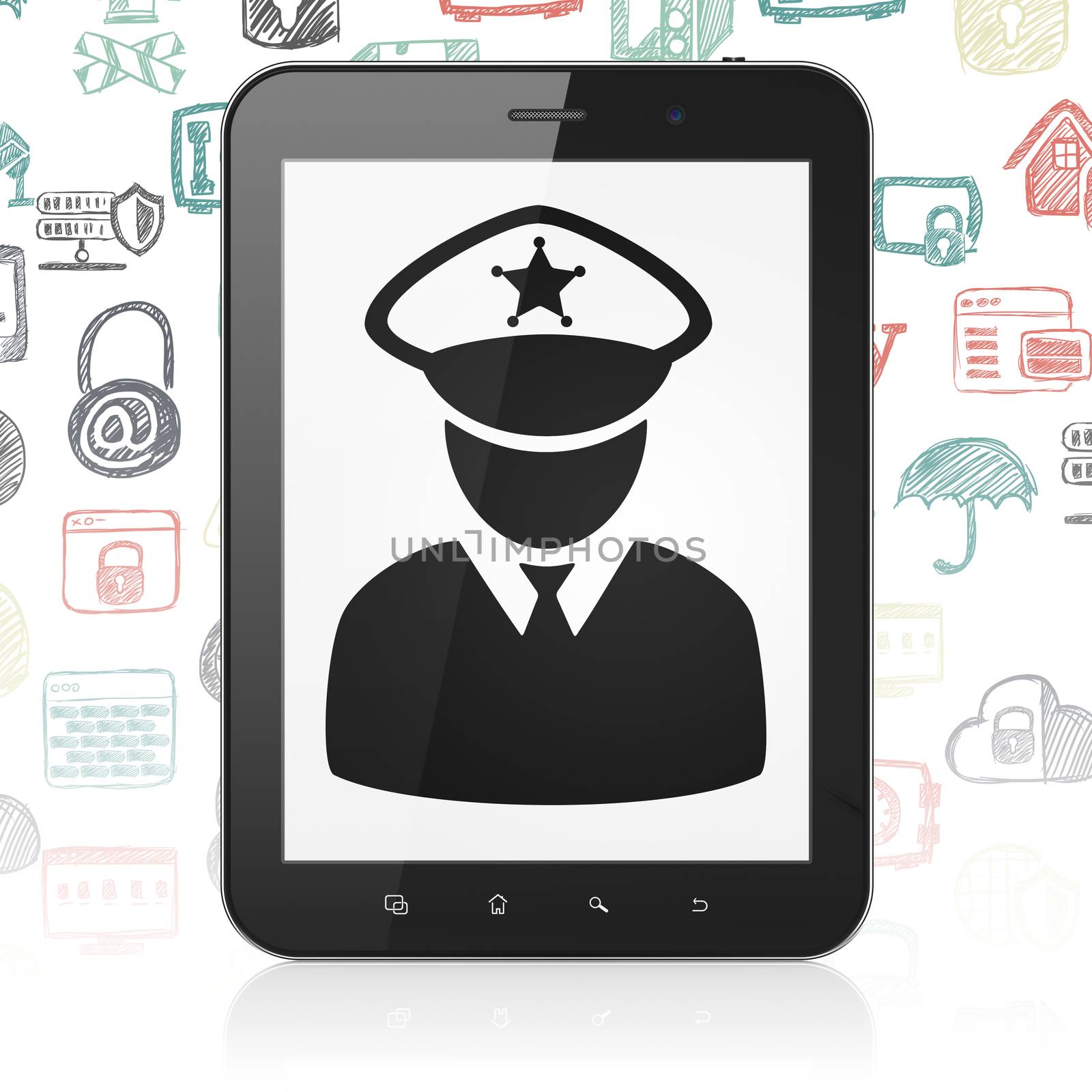 Safety concept: Tablet Computer with  black Police icon on display,  Hand Drawn Security Icons background, 3D rendering