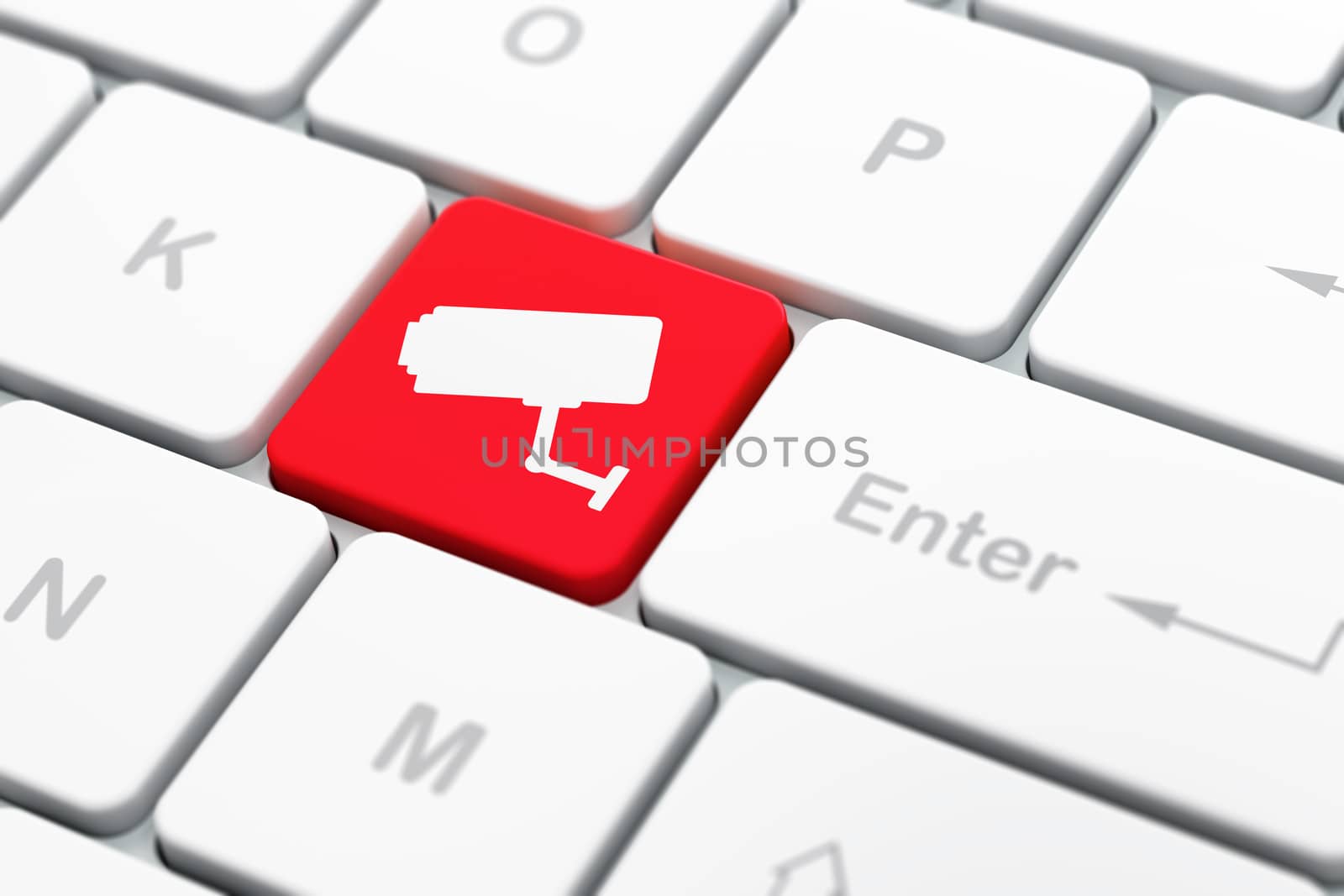 Safety concept: computer keyboard with Cctv Camera icon on enter button background, selected focus, 3D rendering