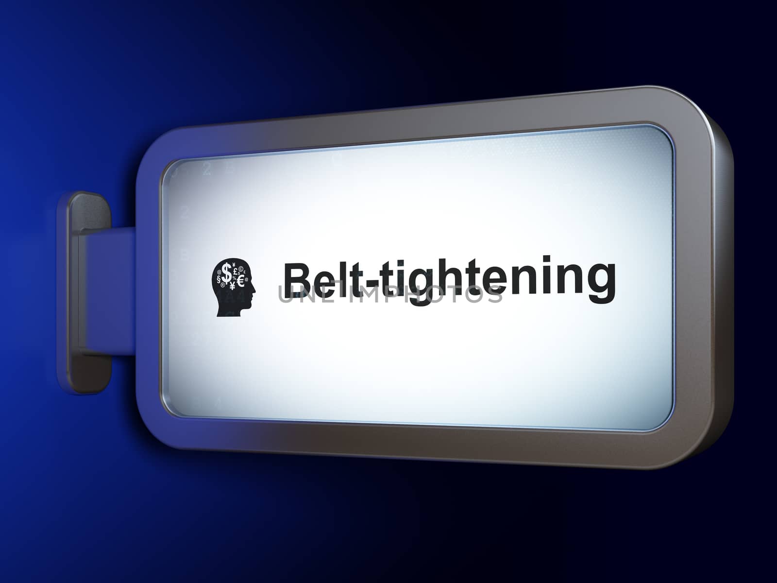 Business concept: Belt-tightening and Head With Finance Symbol on advertising billboard background, 3D rendering