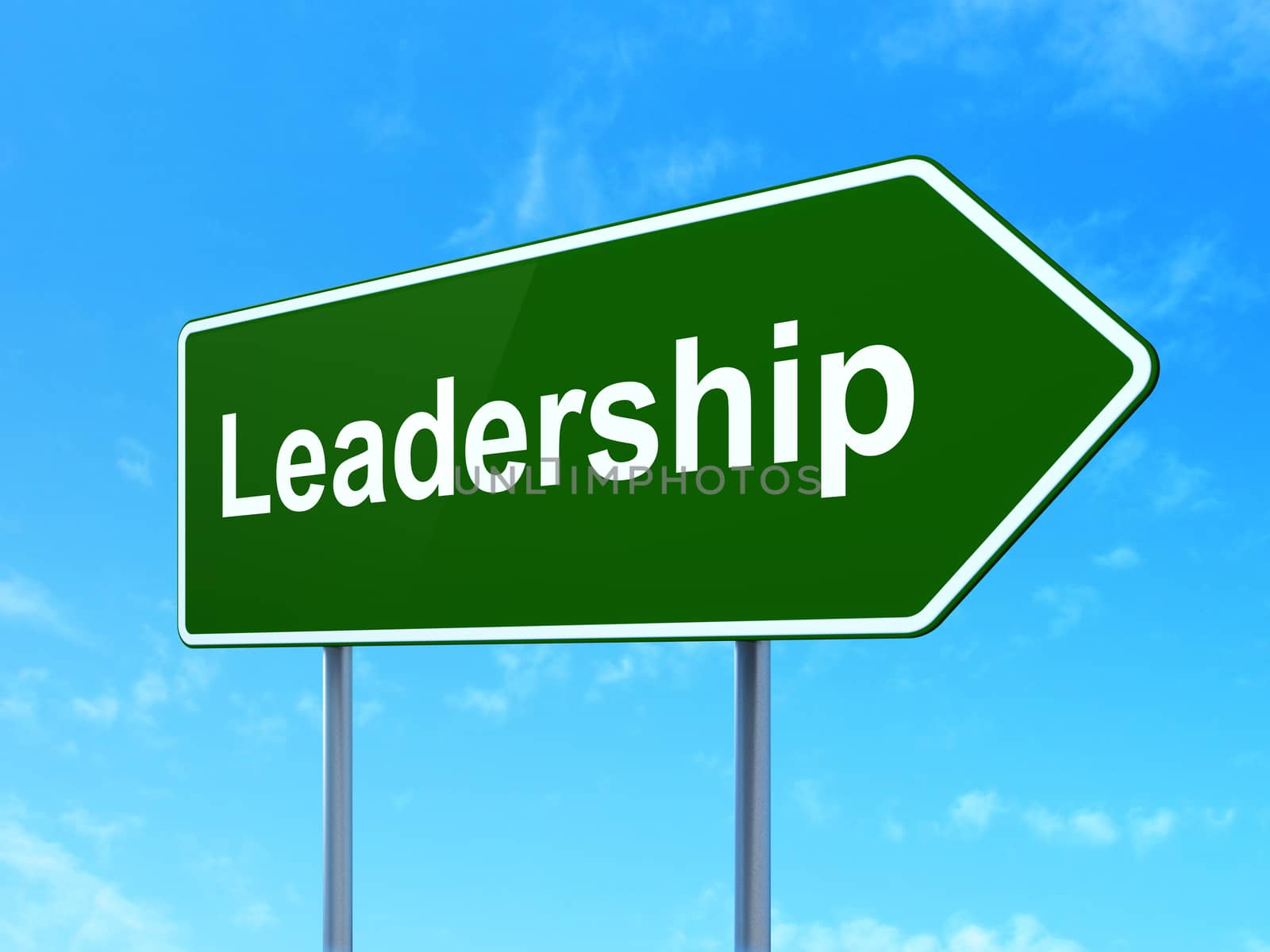 Finance concept: Leadership on green road highway sign, clear blue sky background, 3D rendering