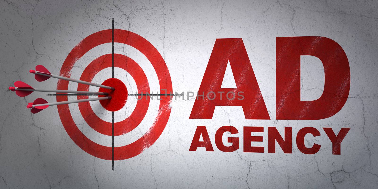 Success marketing concept: arrows hitting the center of target, Red Ad Agency on wall background, 3D rendering