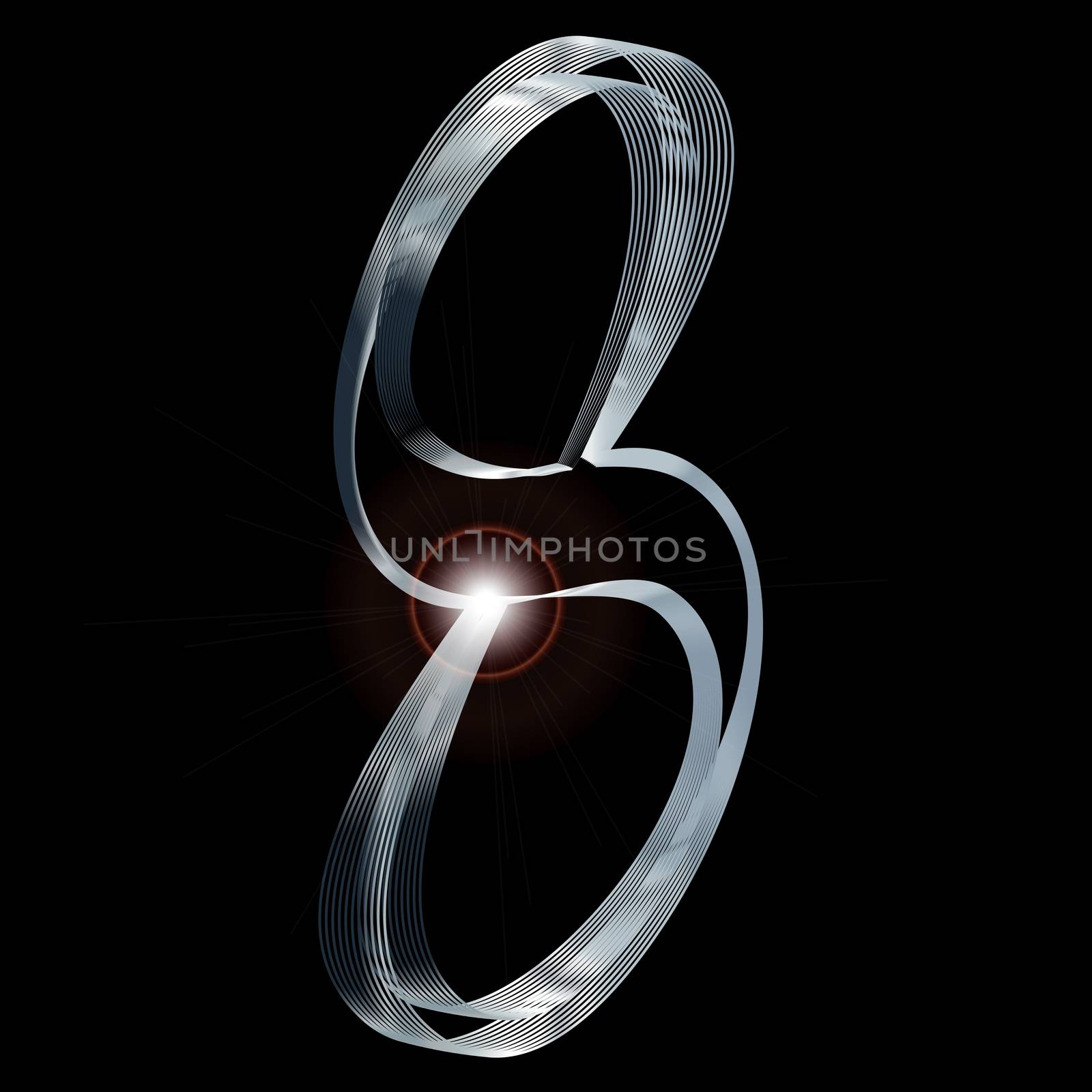 The number eight depicted in fine silver thread over a black background