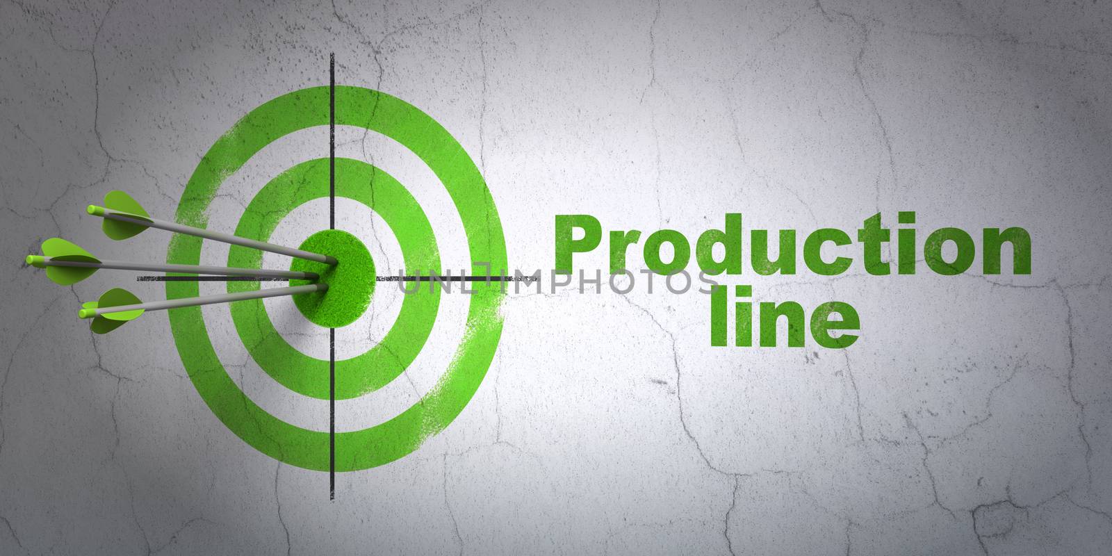 Success Industry concept: arrows hitting the center of target, Green Production Line on wall background, 3D rendering