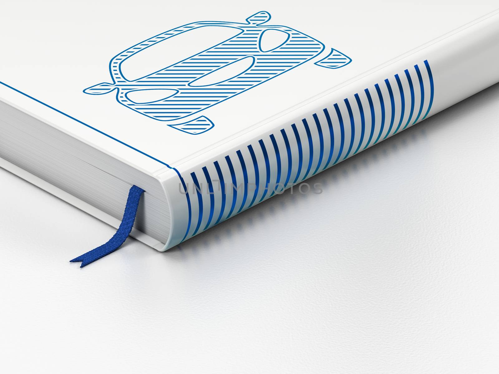 Tourism concept: closed book with Blue Car icon on floor, white background, 3D rendering