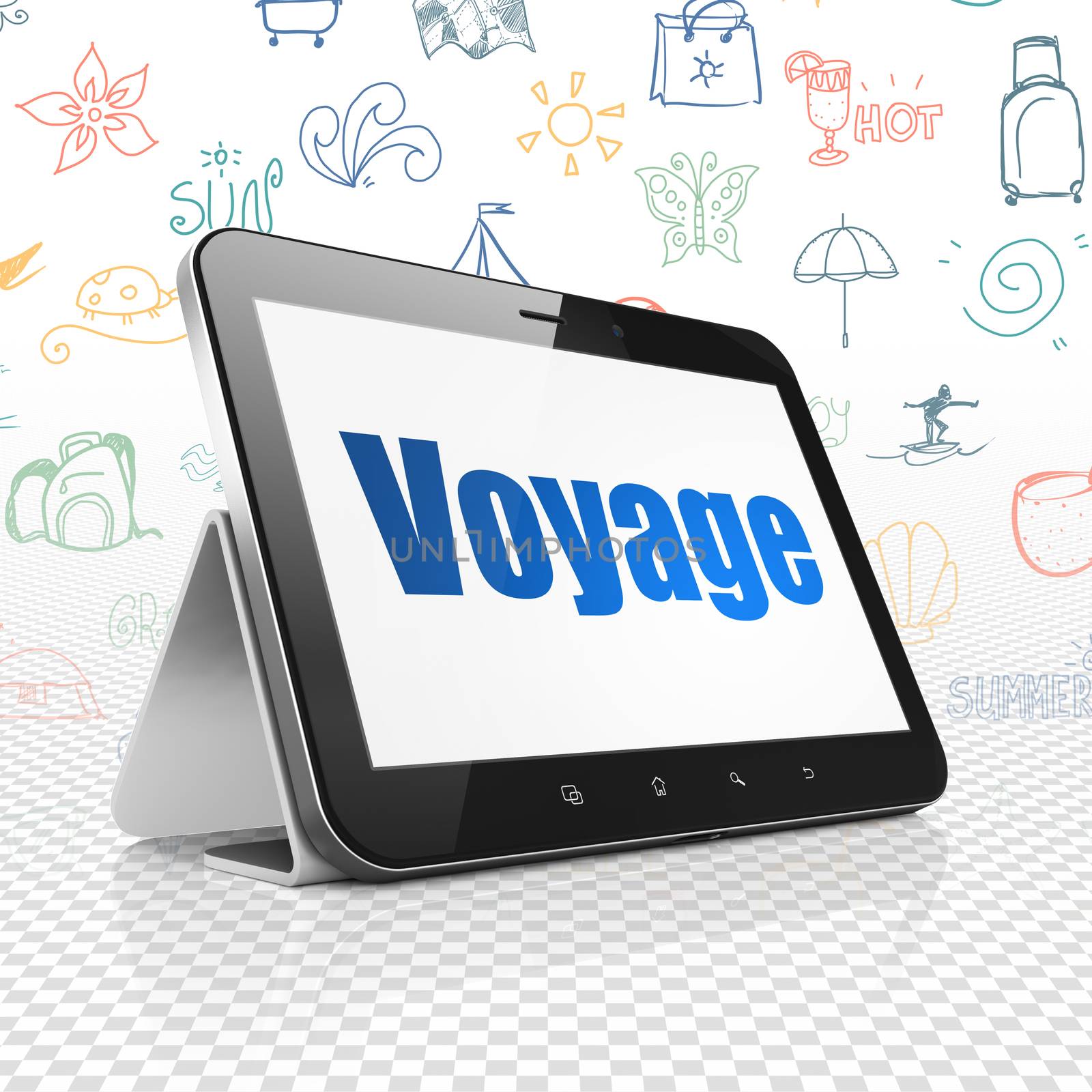Tourism concept: Tablet Computer with  blue text Voyage on display,  Hand Drawn Vacation Icons background, 3D rendering