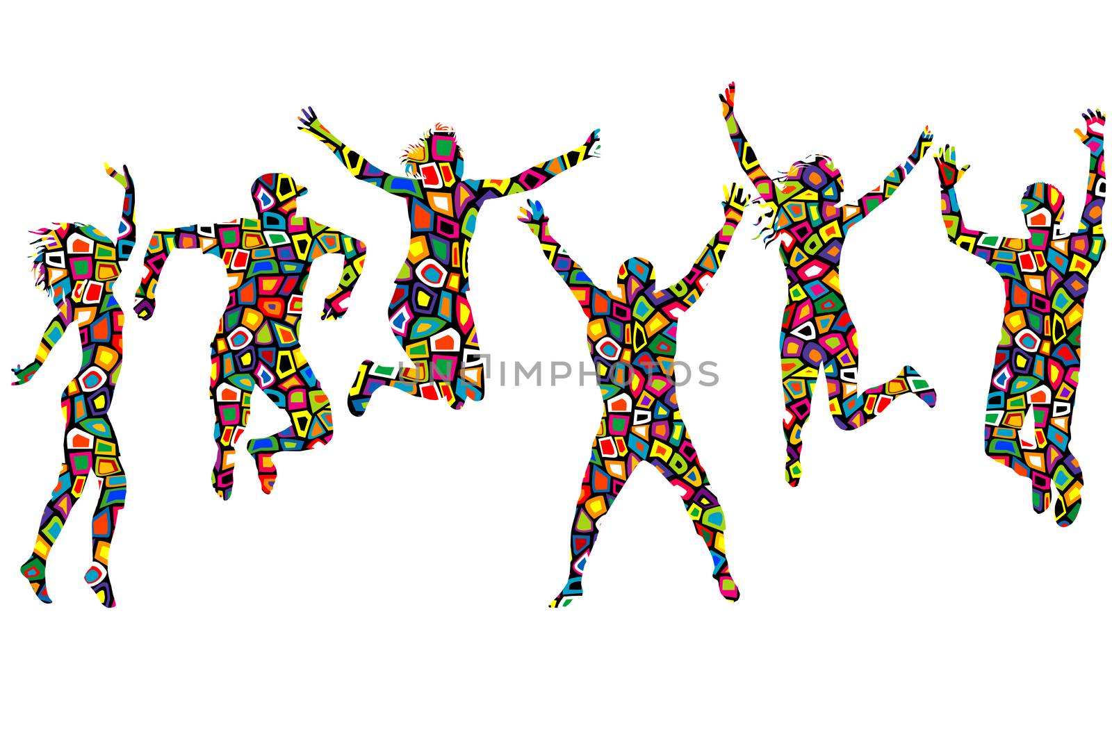 Silhouettes of men and women in colorful pattern by hibrida13