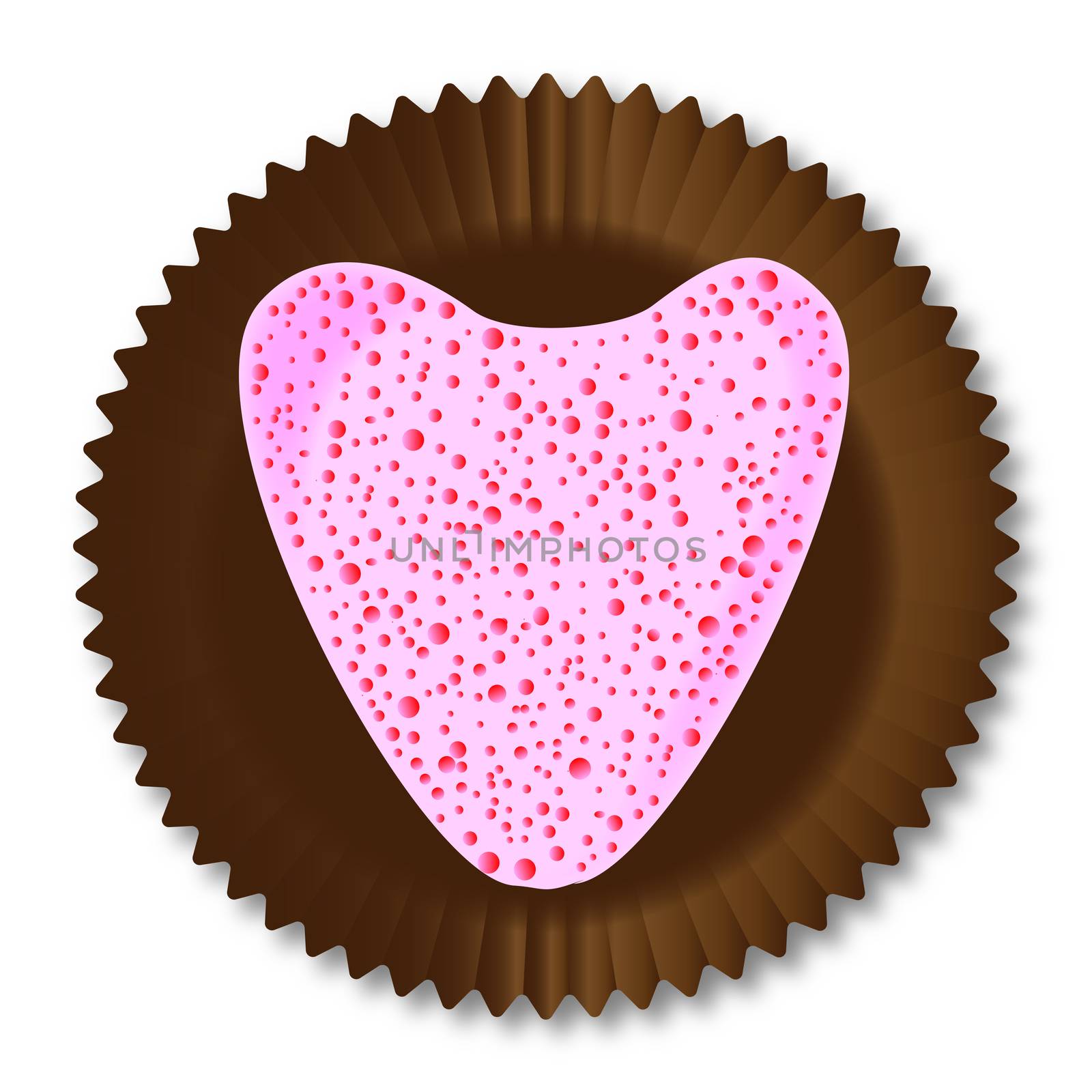 A typical strawberry flavour heart shaped chocolate from a chocolate box selextion over a white background