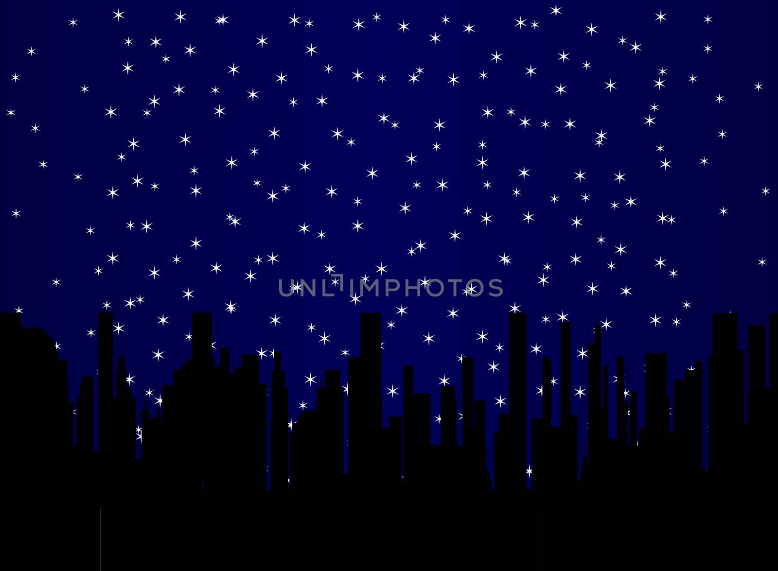 A random spread star field over a black cityscape background