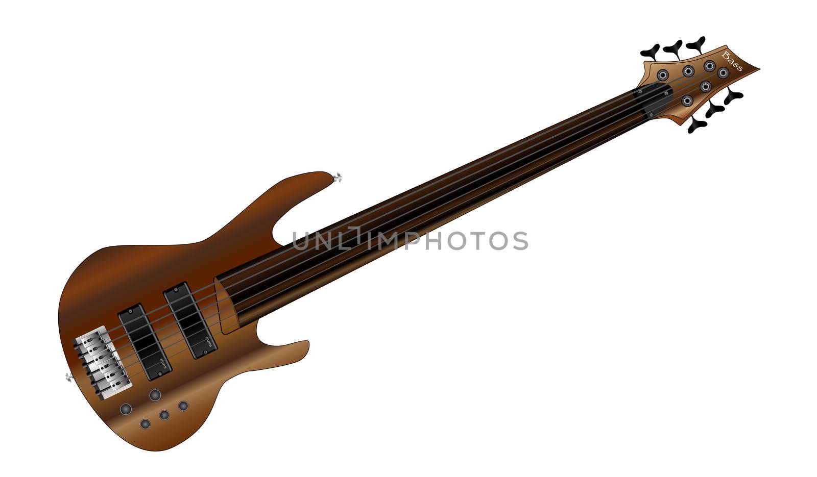 A generic six string fretless bass guitar isolated on black.