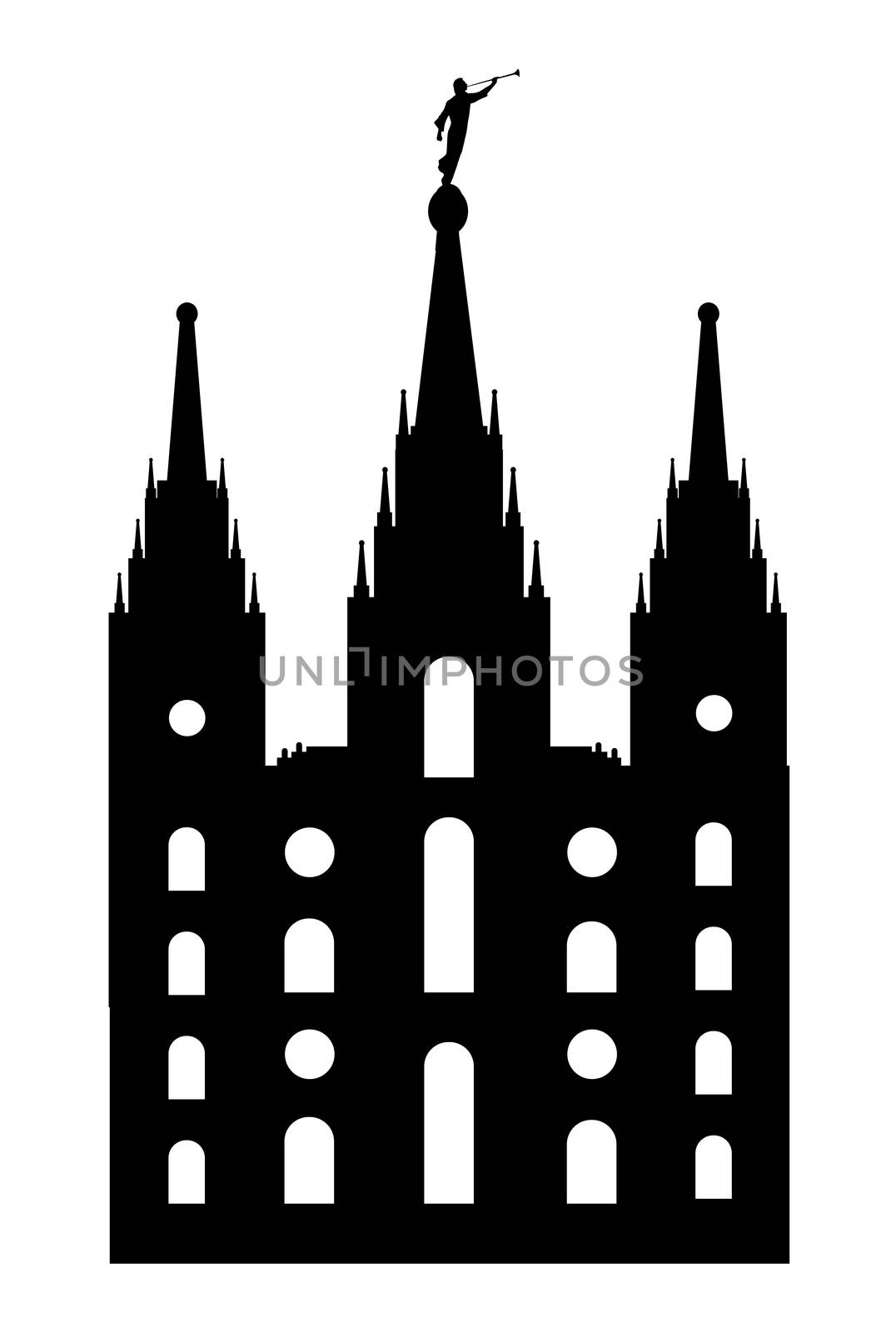 Mormon style temple drawing is silhouette over a white background