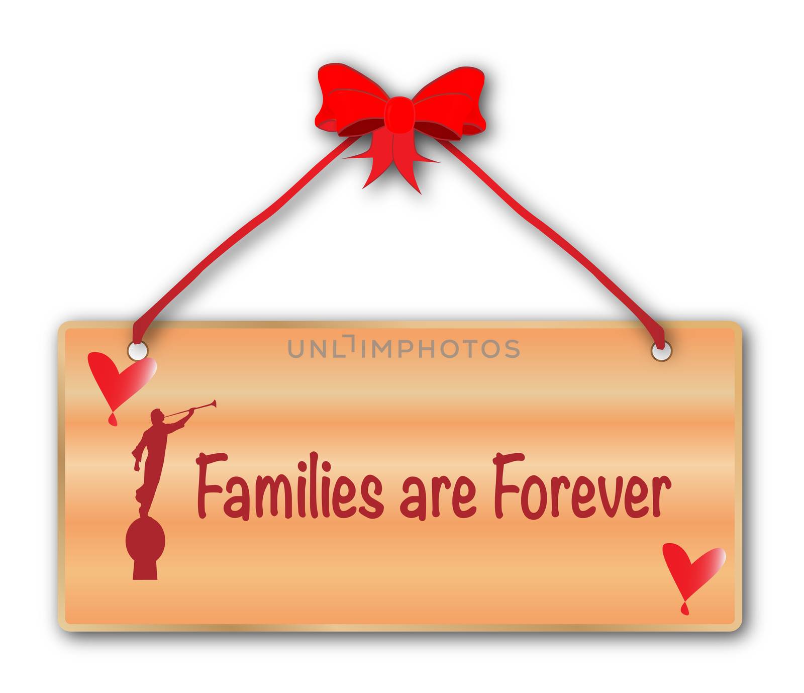 A jfamilies are forever plack in woodgrain with red ribbon and bow over a white background with love cartoon hearts and the angel blowing his horn