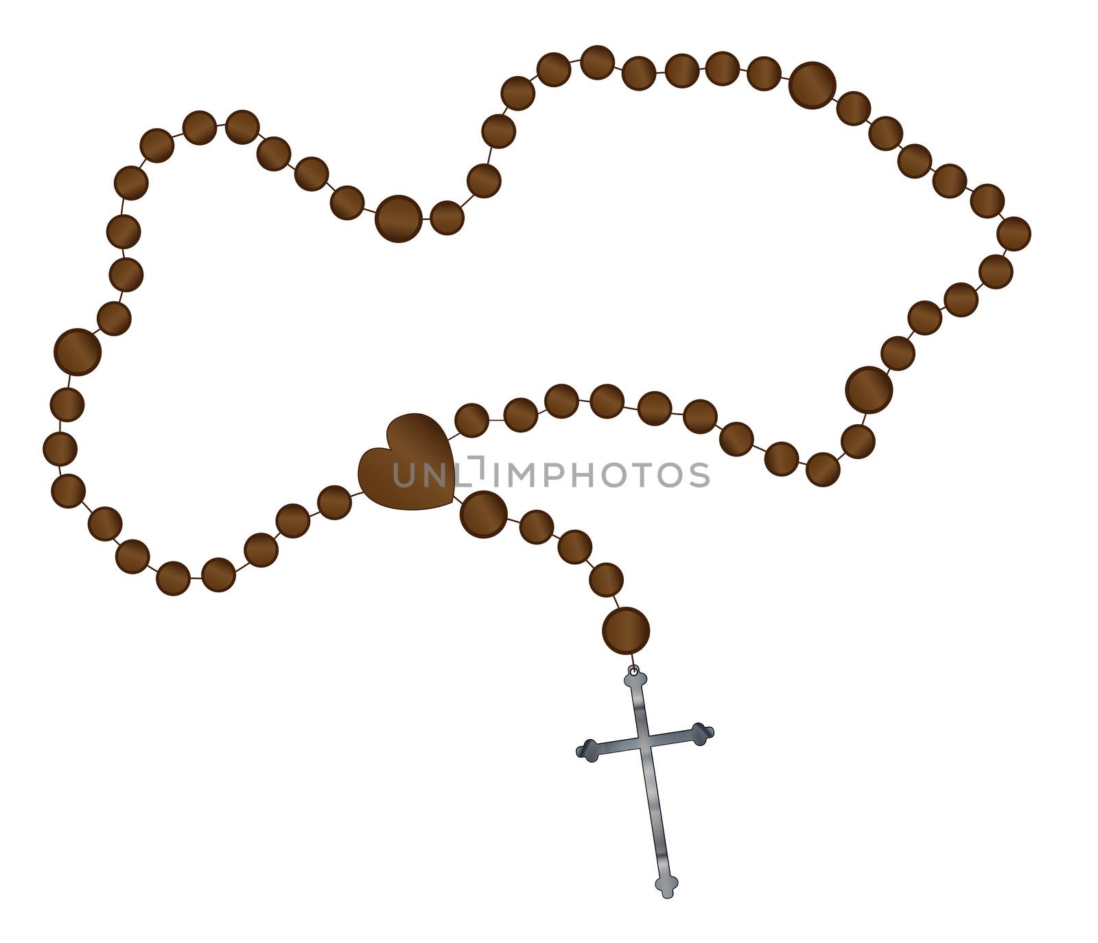 Catholic rosary beads with a silver cross all over a white background