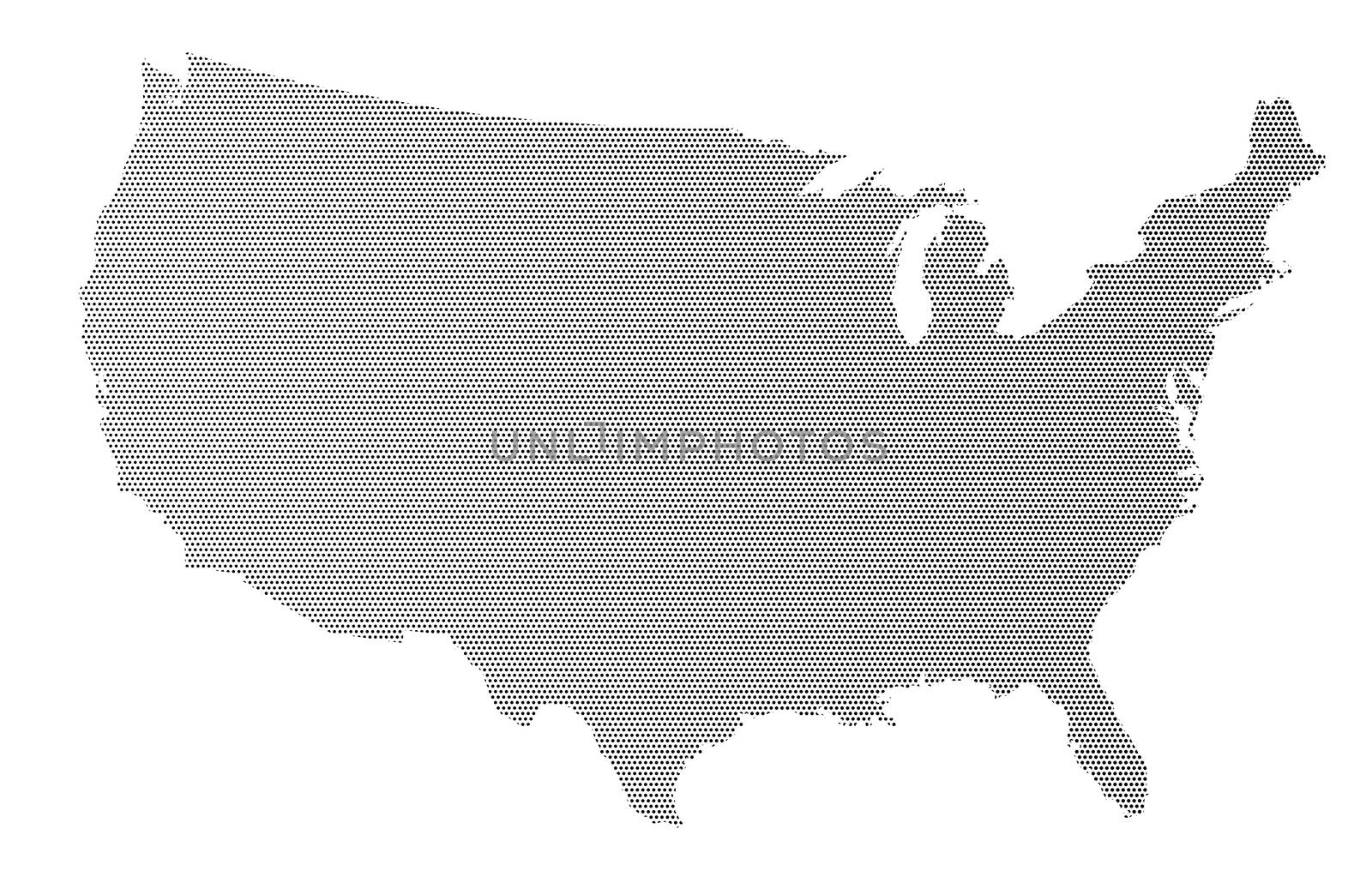 A halftone silhouette map of The United States of America over a white background