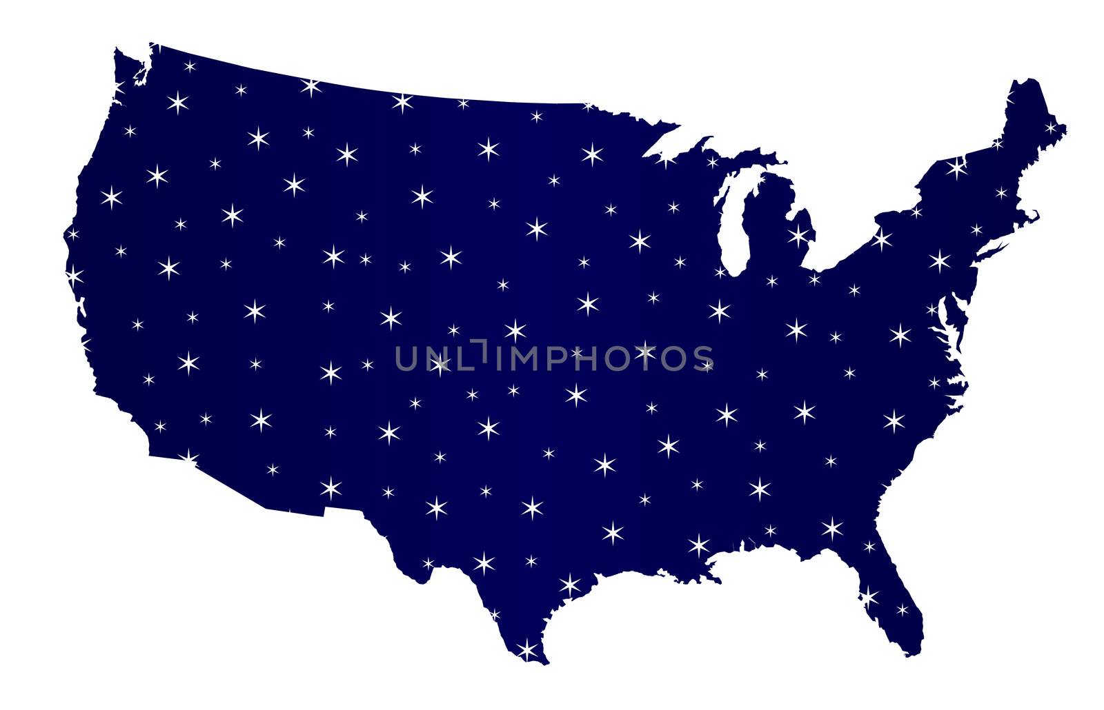 A stary silhouette map of The United States of America over a white background