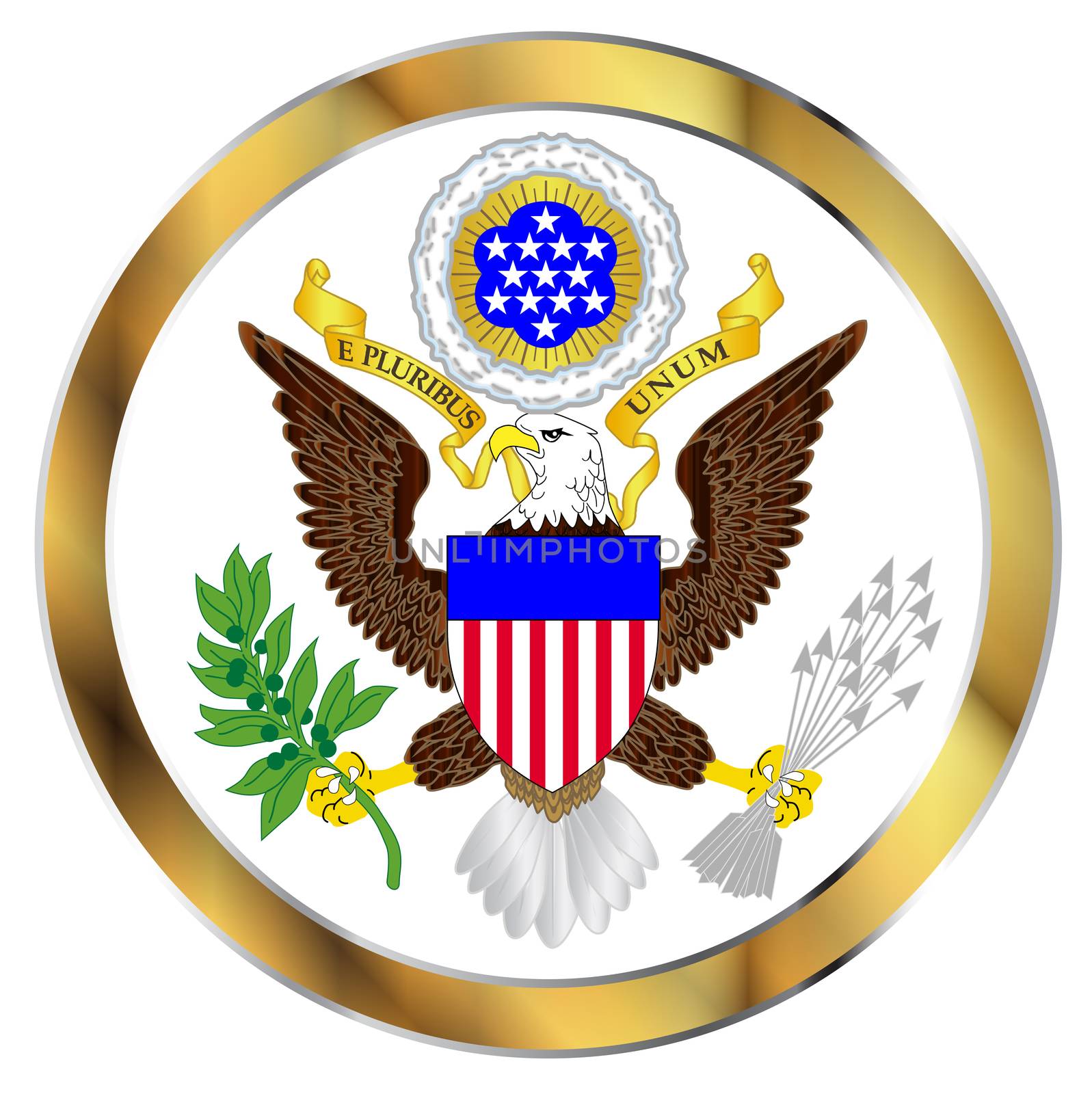 A depiction of the Great Seal of America over a white background