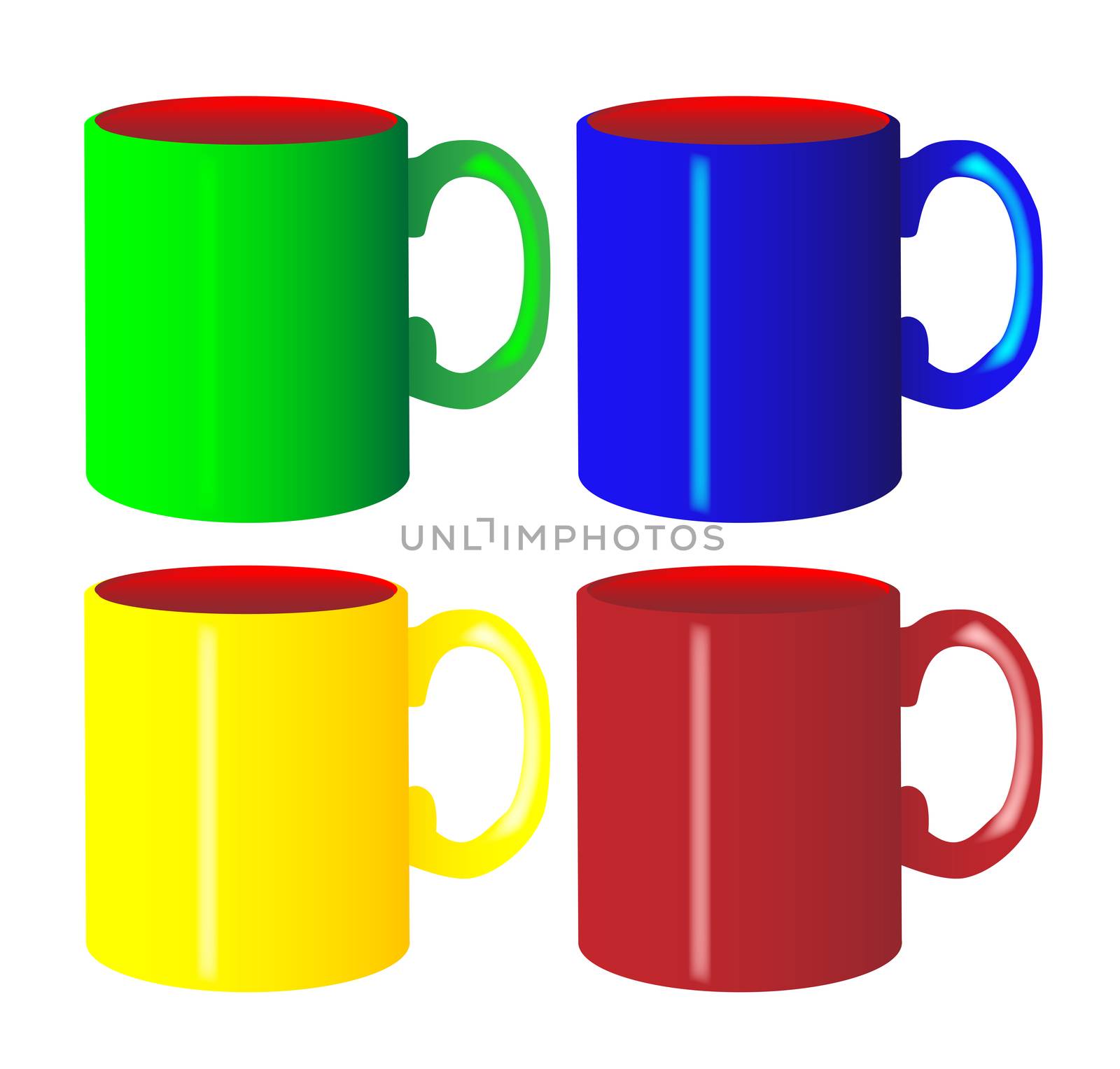A collection of 4 coloured mugs over a white background